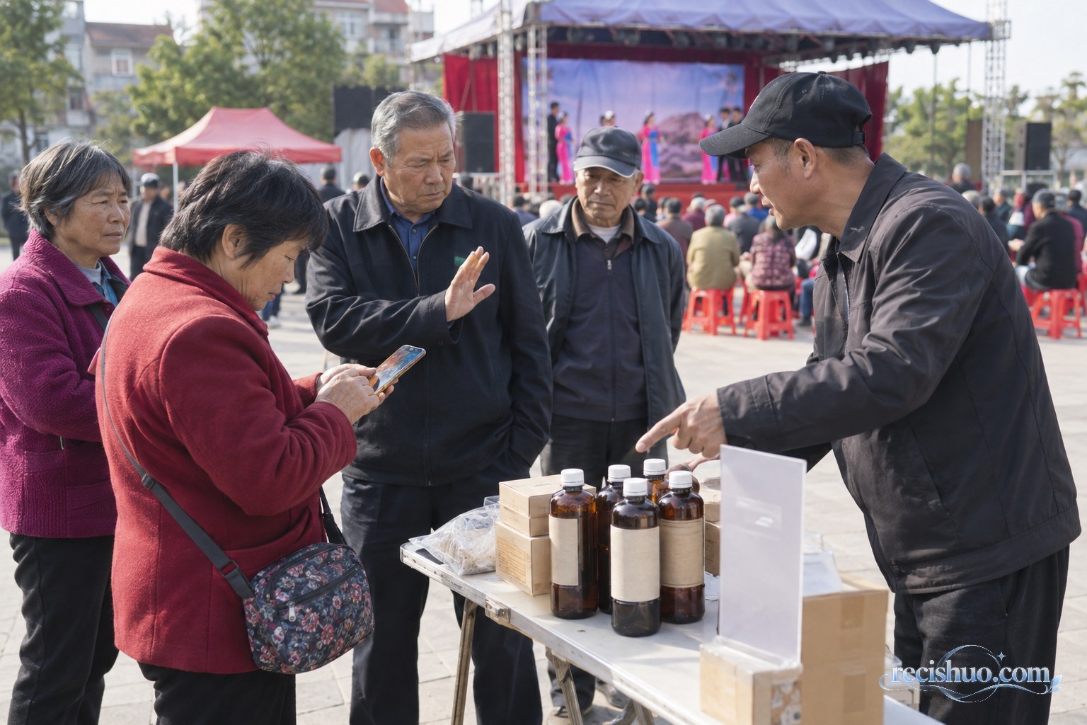 露天表演场旁有人推销无品牌瓶装产品,居民用手机查询并摆手拒绝购买