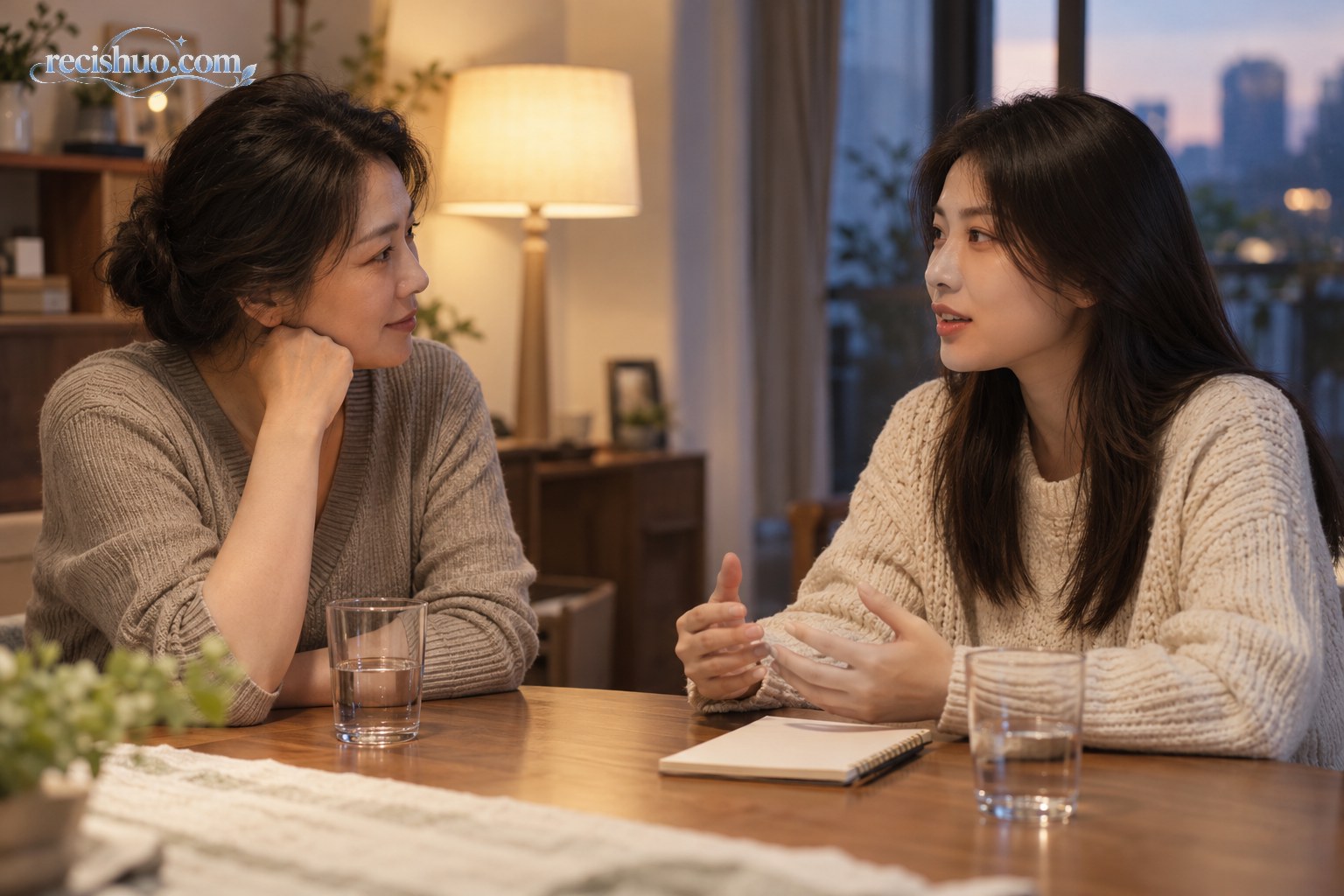 成年母女在家庭餐桌旁认真交流,母亲专注倾听女儿表达