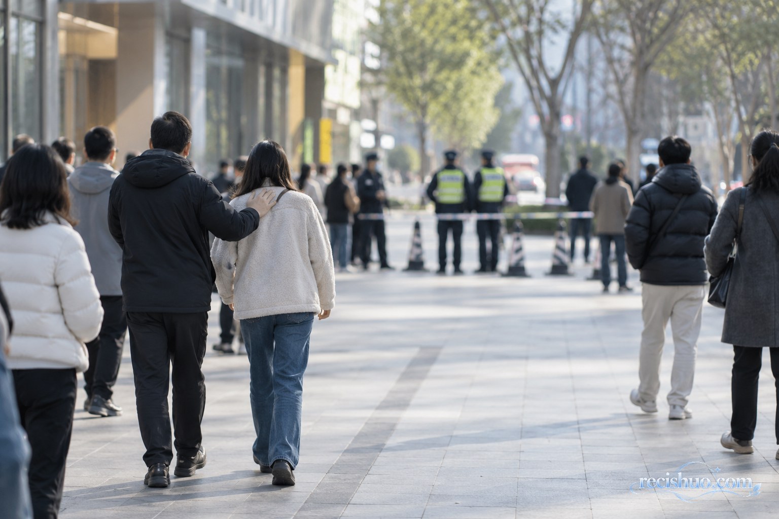 公共场所路人在安全人员引导下有序远离现场