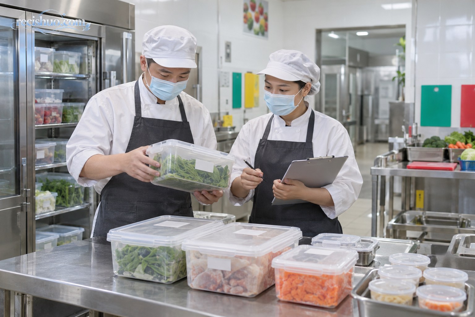 整洁的学校食堂后厨内,两名工作人员核对密封食材容器