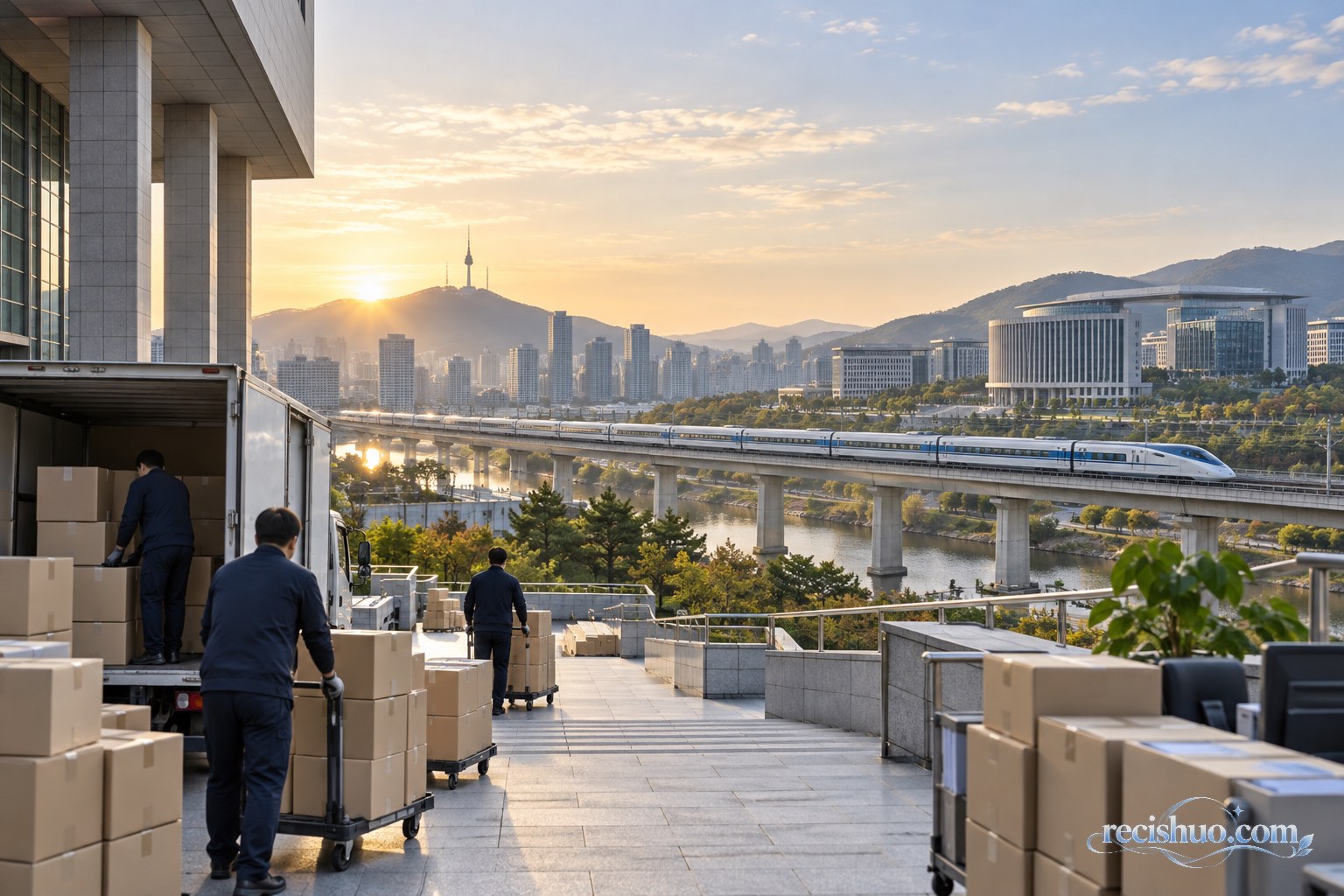 现代韩国城市公共建筑、城际列车与档案搬运场景构成的行政迁址主题画面