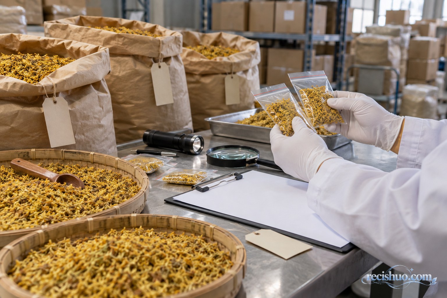 阳朔桂花加工场内工作人员与检查人员共同查看竹筛中的桂花原料
