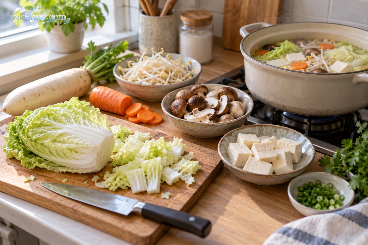 家庭厨房用白菜、萝卜、豆芽、蘑菇和豆腐准备汤菜