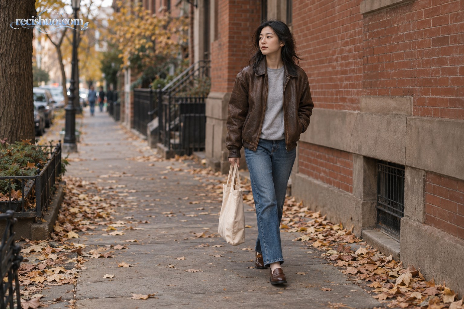 身穿棕色皮夹克、灰色卫衣和直筒牛仔裤的女性走在秋日红砖街道上
