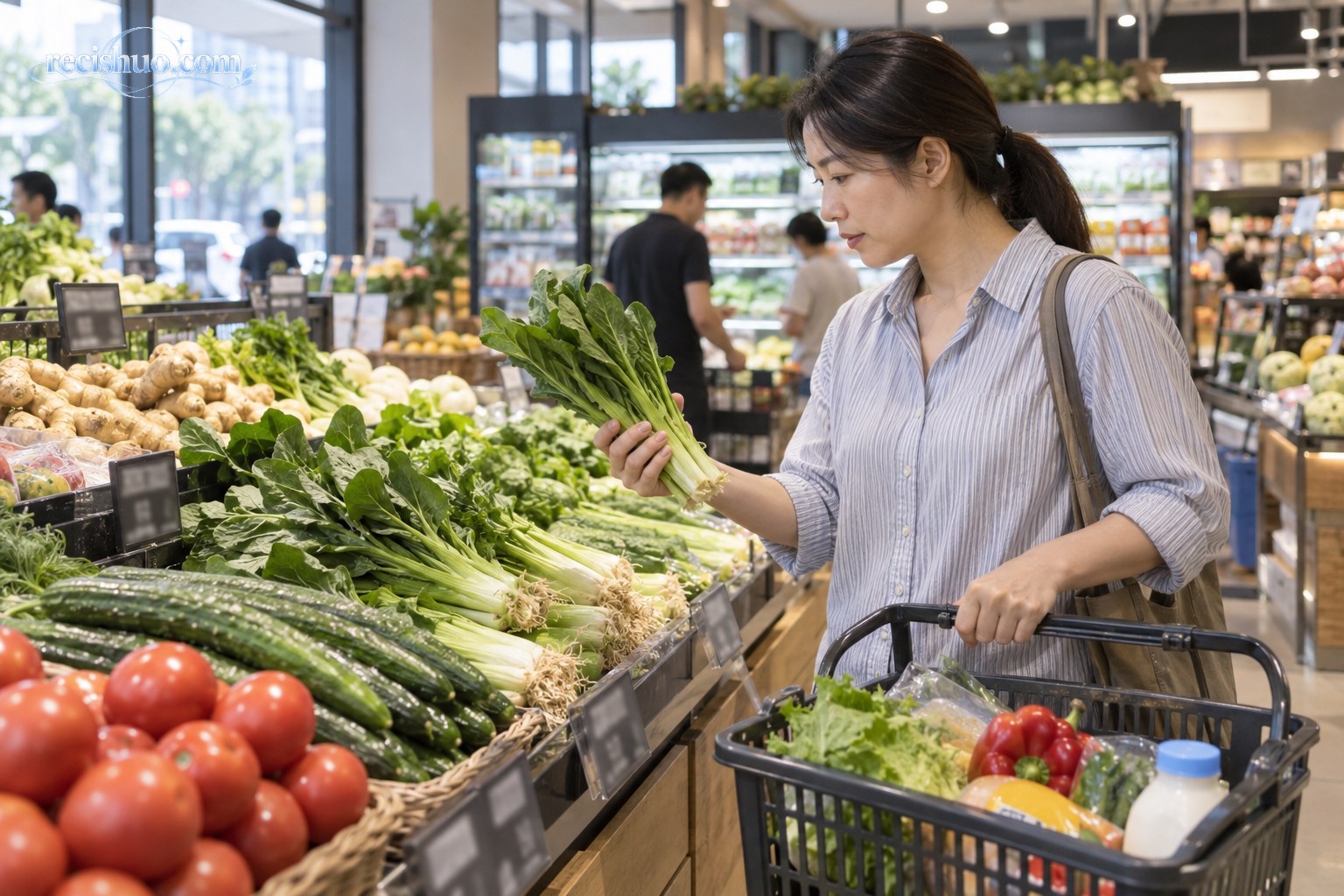 消费者在社区生鲜超市挑选蔬菜并观察日常商品价格