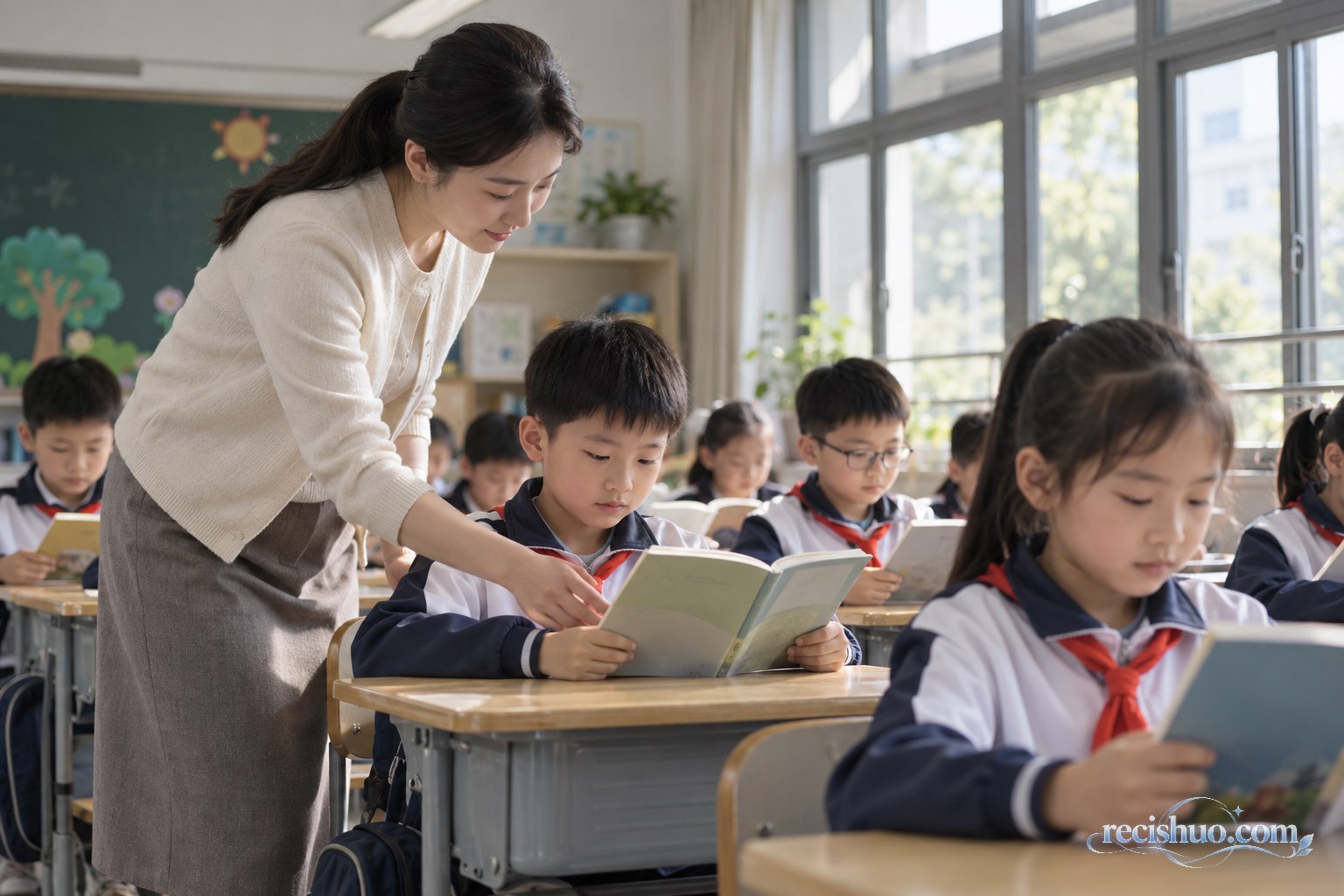 明亮教室里教师指导小学生保持合适的阅读距离