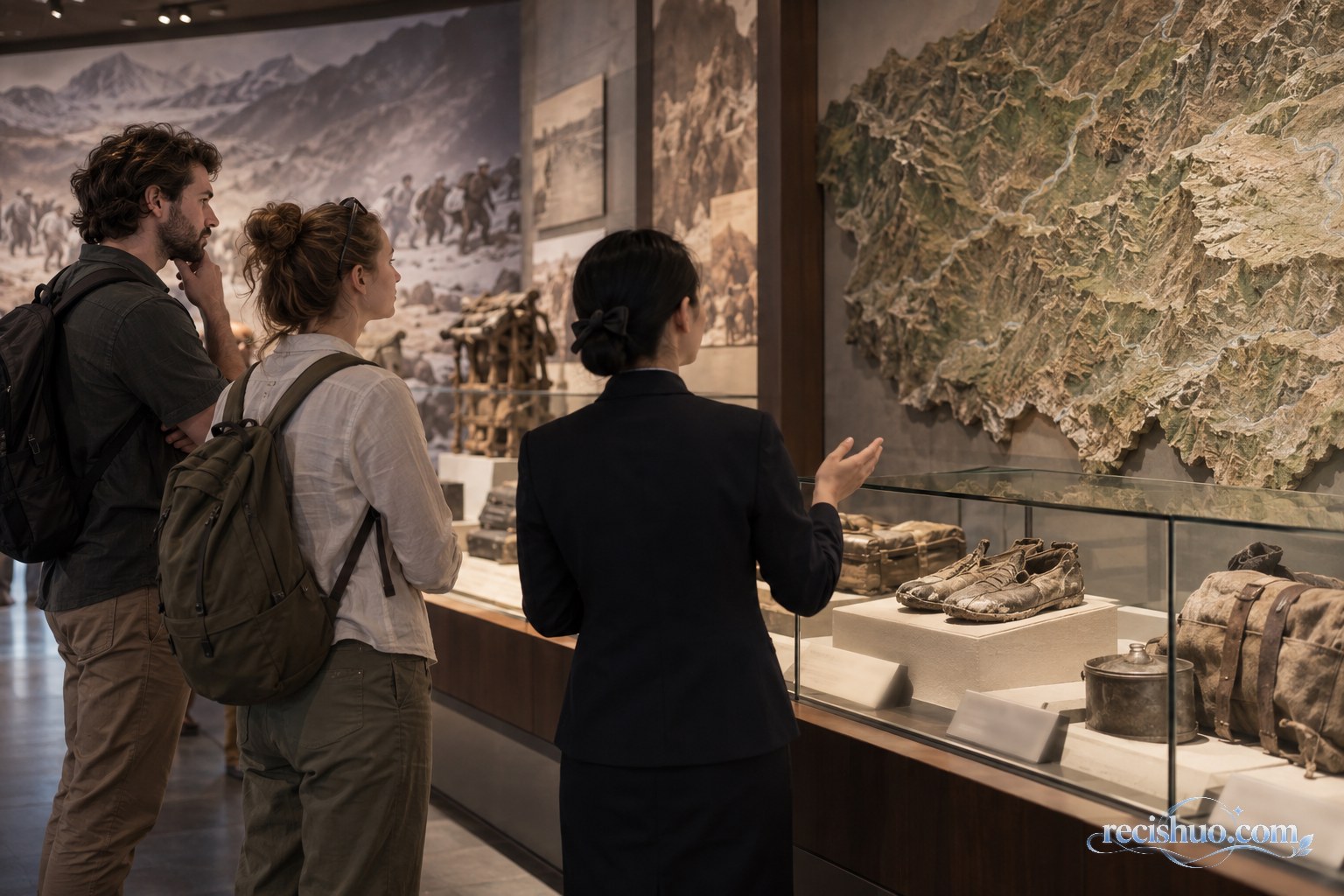 外国参观者在讲解员陪同下观看山地模型和历史物件展陈