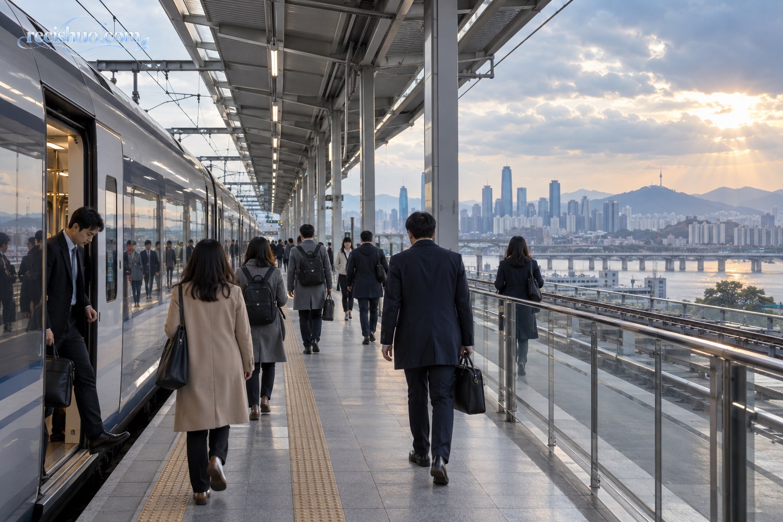 通勤者在现代城际铁路站台有序出行的双城联系场景