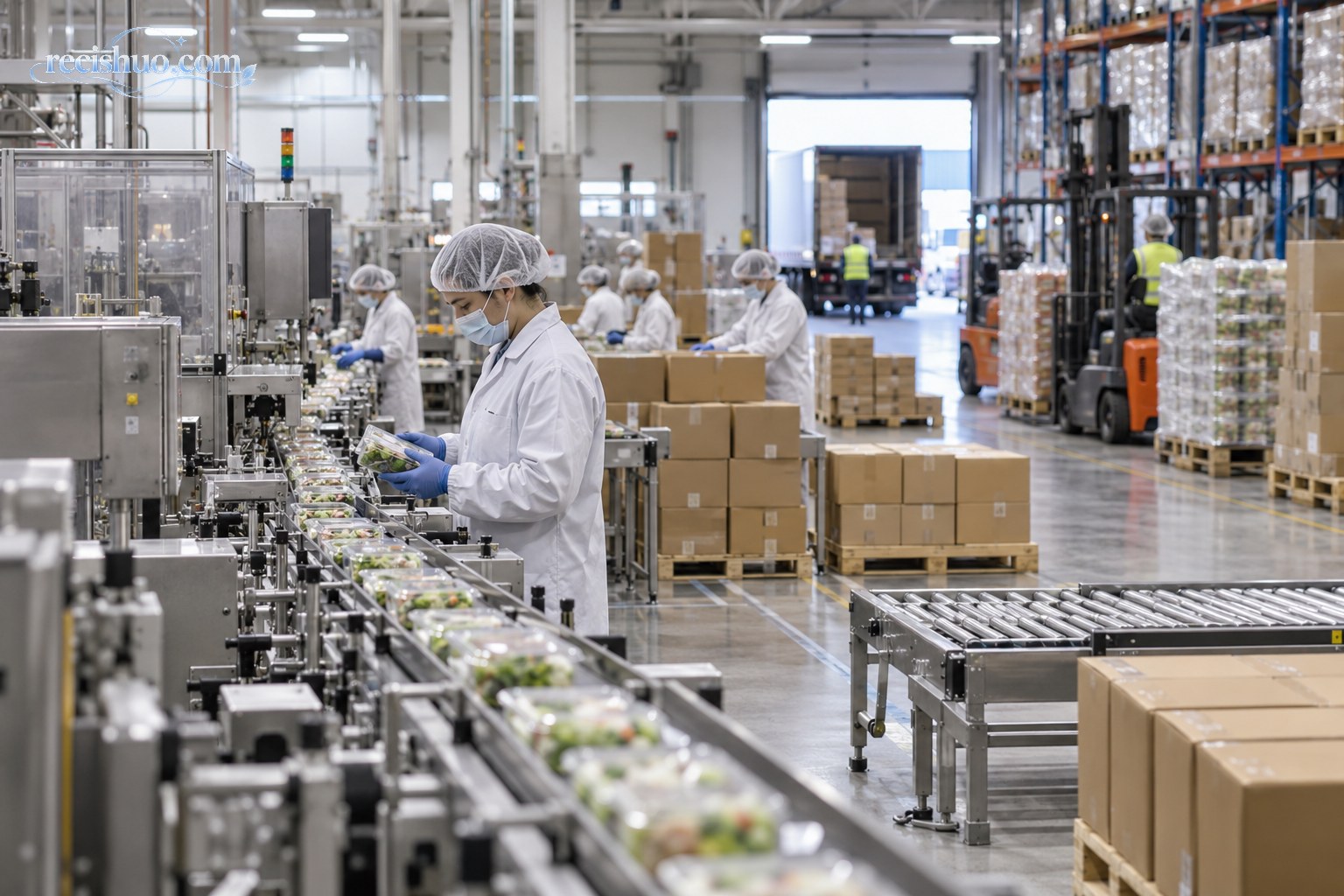 食品加工与物流仓储设施内工作人员检查生产包装线