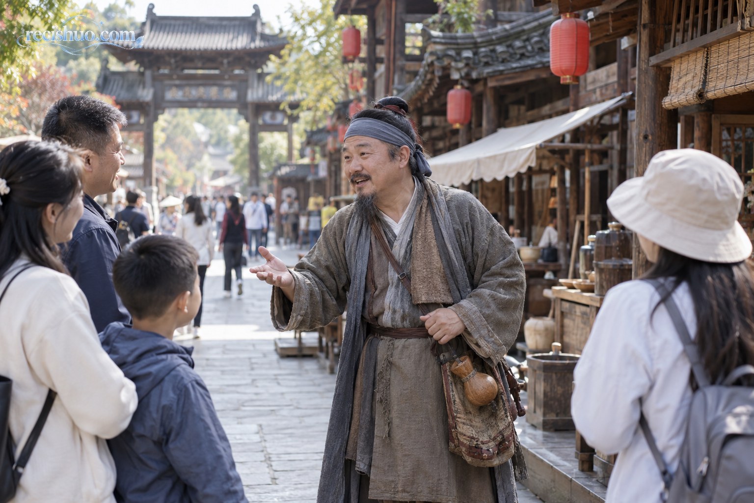 地方演出后台,一位中年表演者正在多套服装和演出用品前做准备