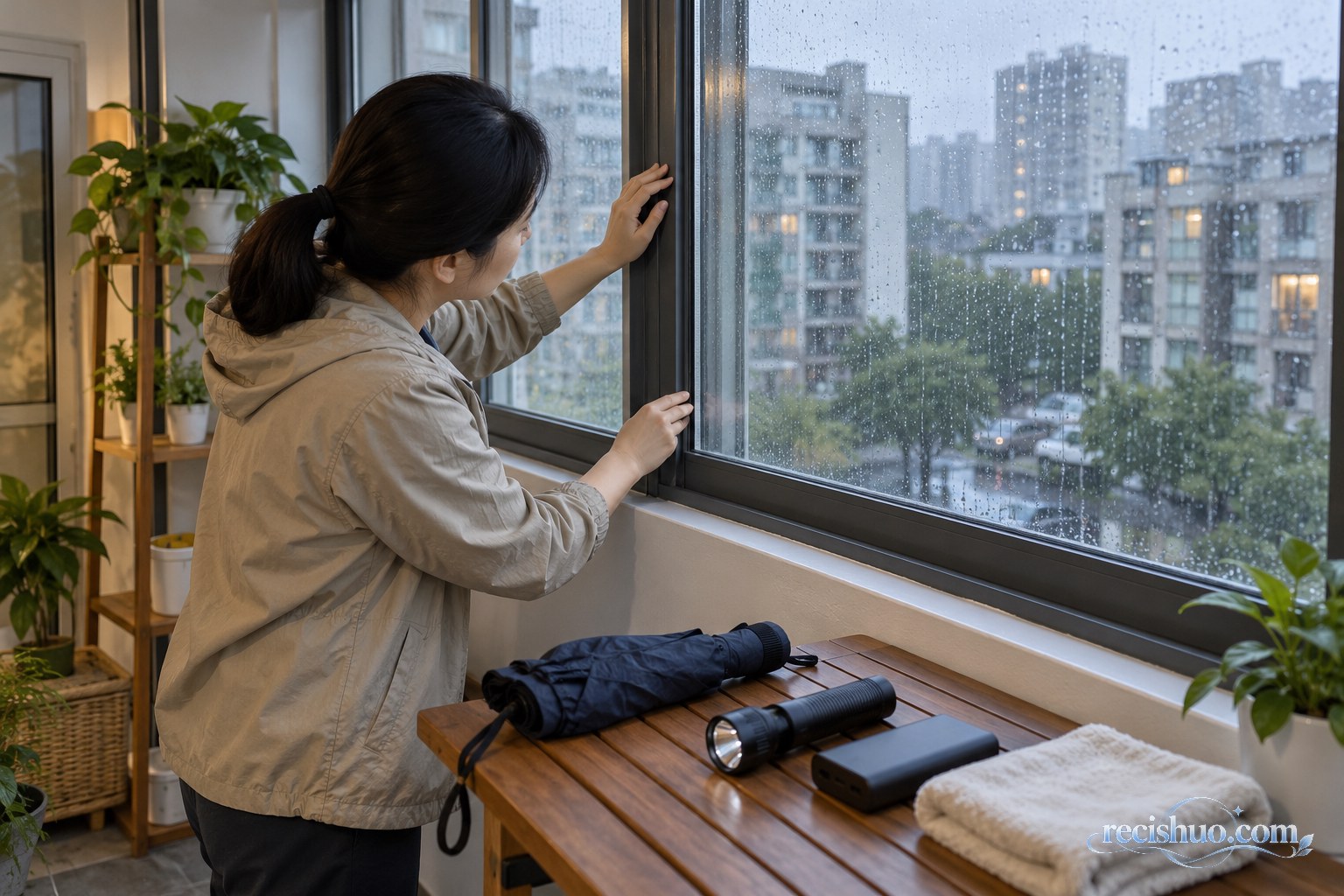 居民在降雨期间检查窗户,桌上备有雨伞、手电筒、充电宝和毛巾
