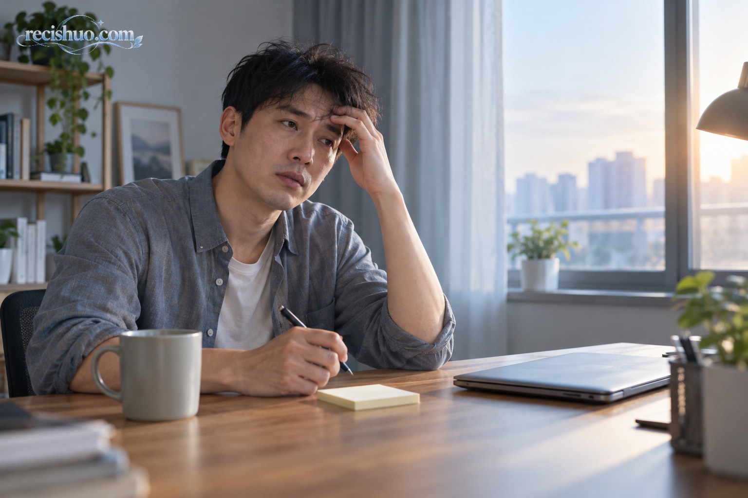 清晨书桌前,一名熬夜后的年轻男子神情疲惫地尝试整理思路