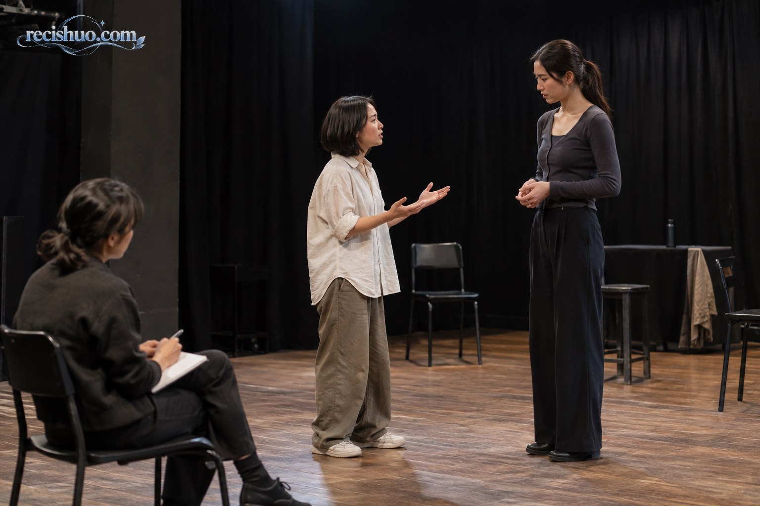 两名不同身高的女演员在黑匣子剧场试戏,选角人员坐在一旁记录