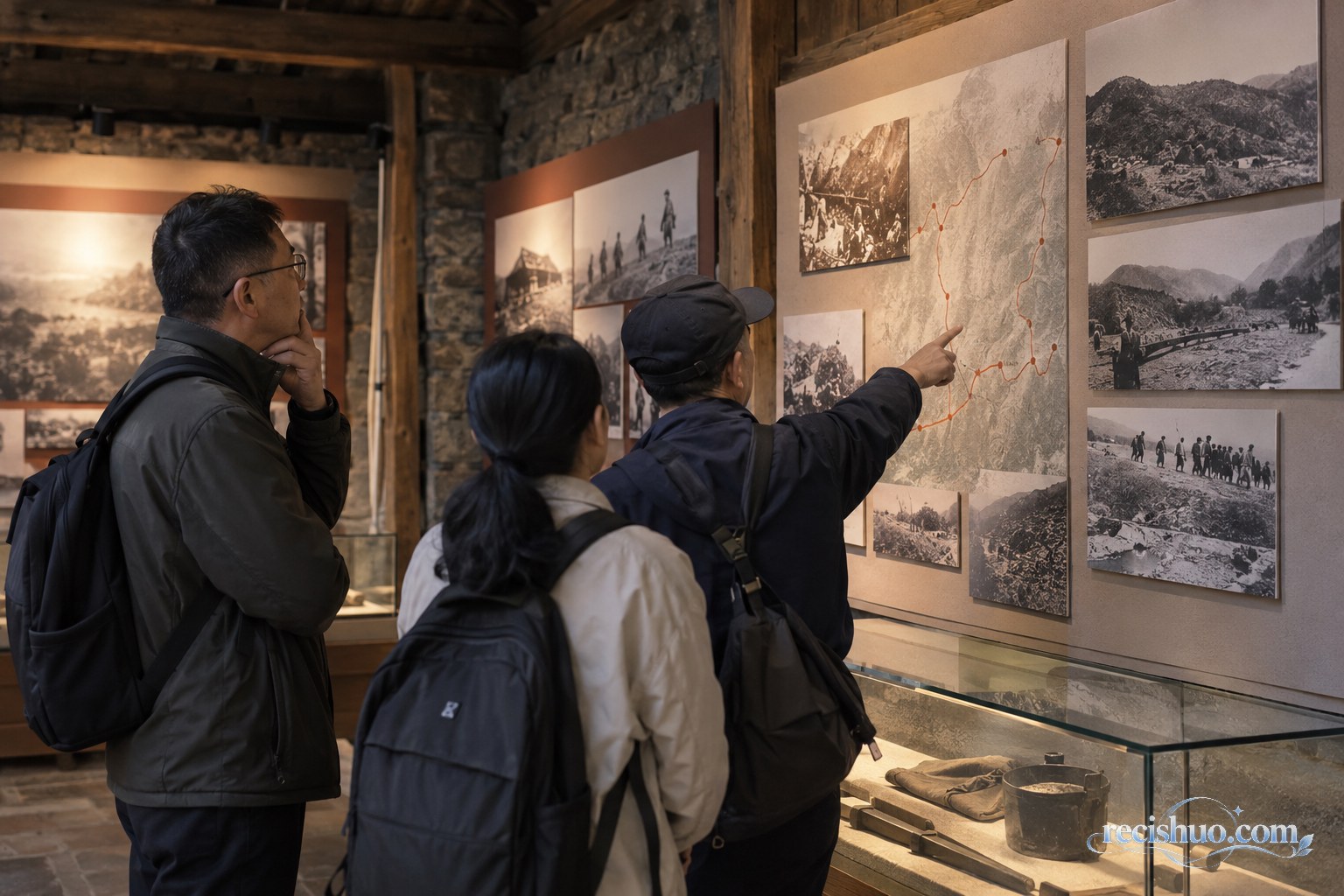 参观者在山地历史纪念展厅查看老照片与路线展板