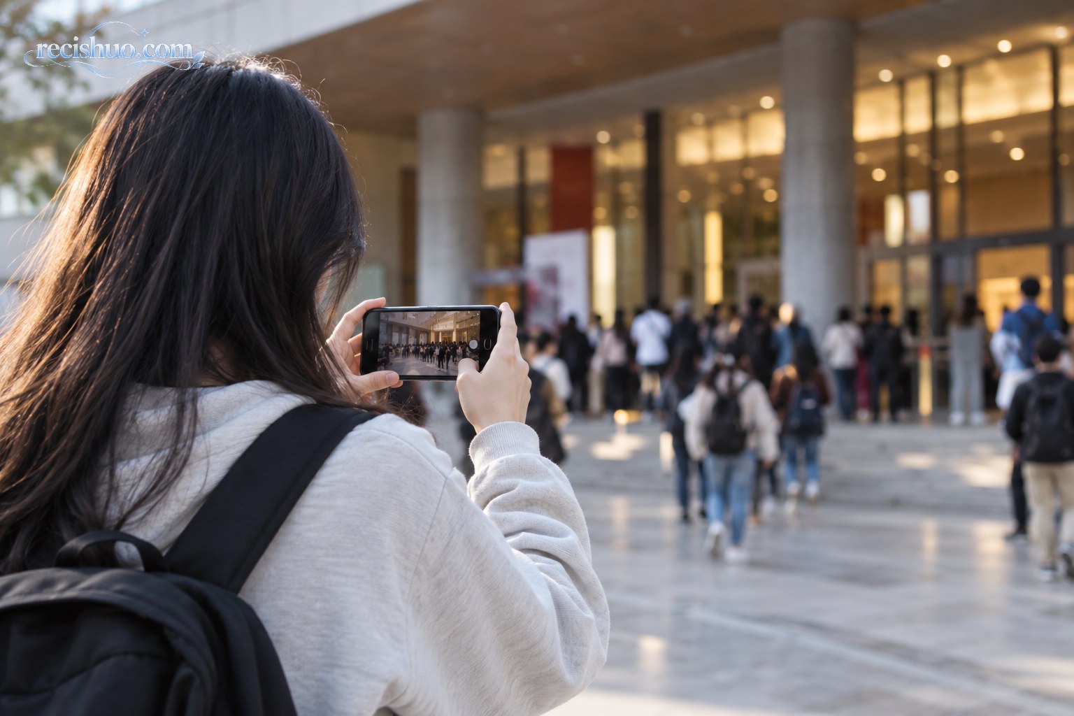 大学生在校园礼堂外用手机拍摄活动现场的纪实场景
