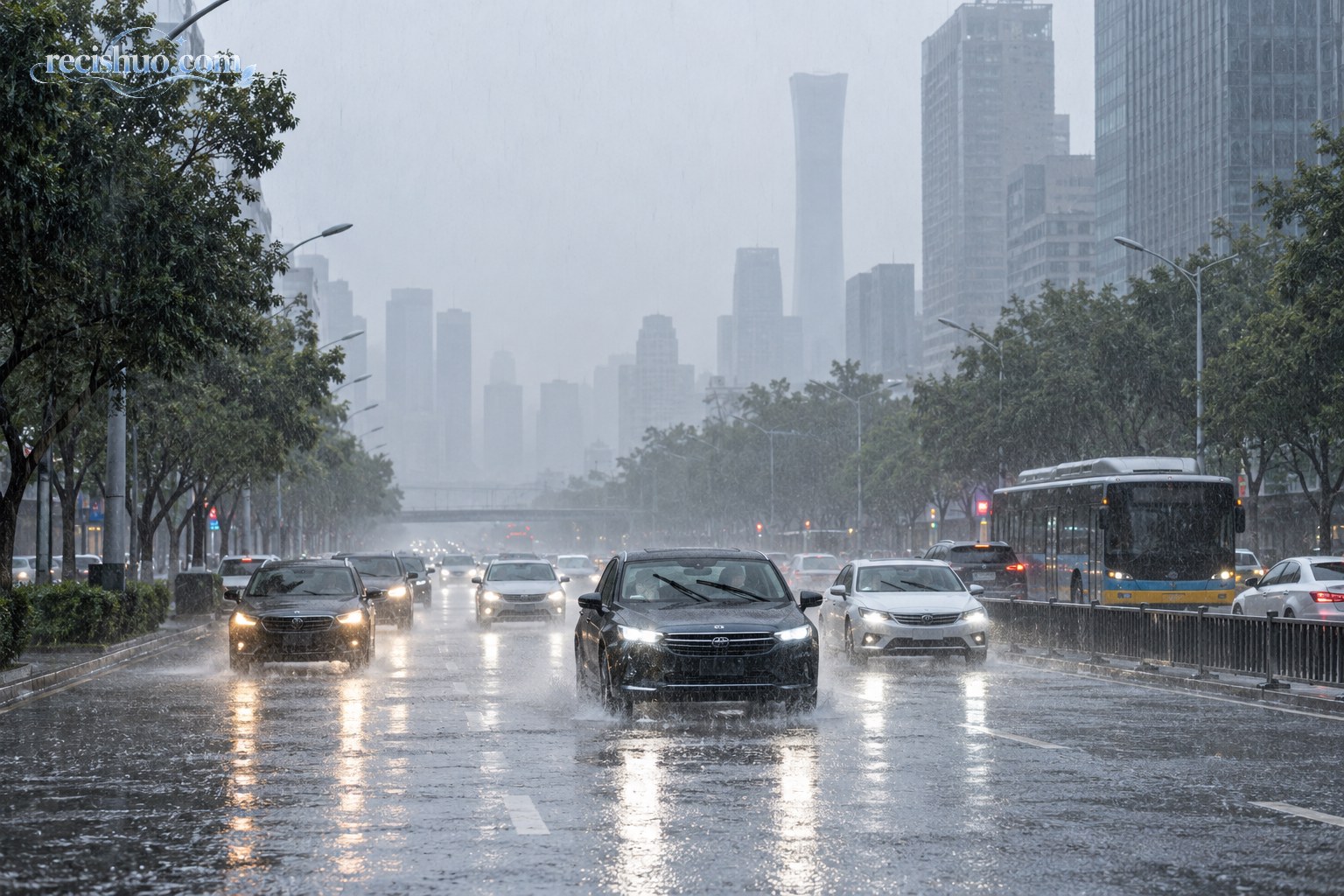 北京城市道路在强降雨中车辆谨慎行驶的纪实画面