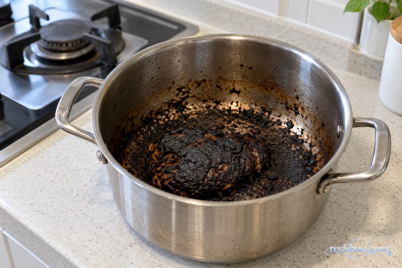 灶火关闭后,锅内留下严重碳化的食物和黑色残渣