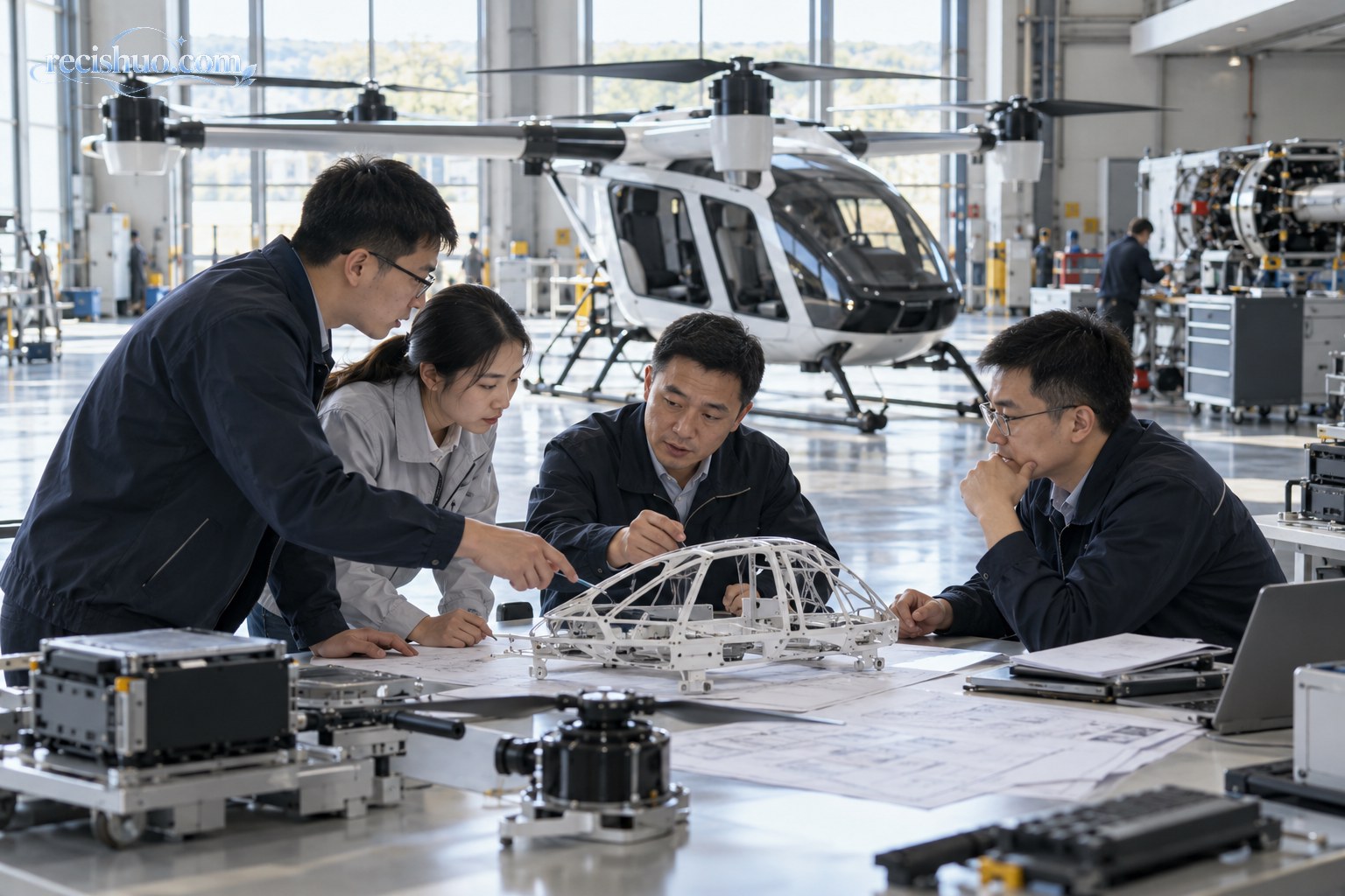 航空工程团队在机库内围绕飞行器结构模型开展审查讨论