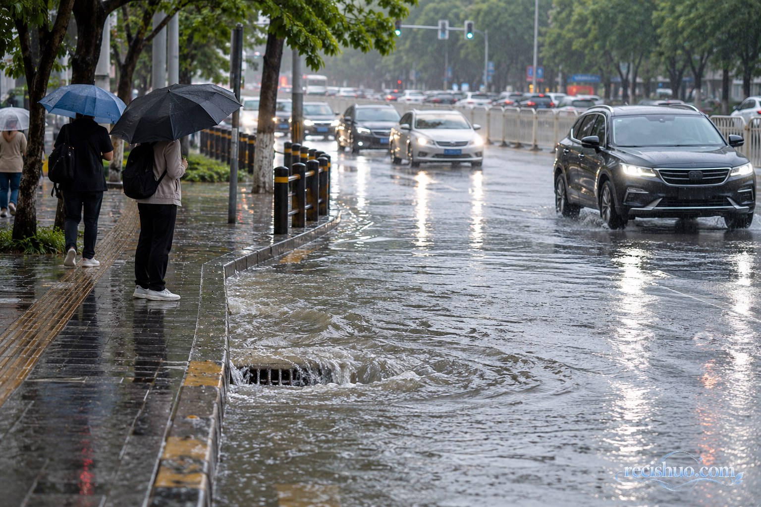 城市道路出现积水时行人在高处观察并绕行