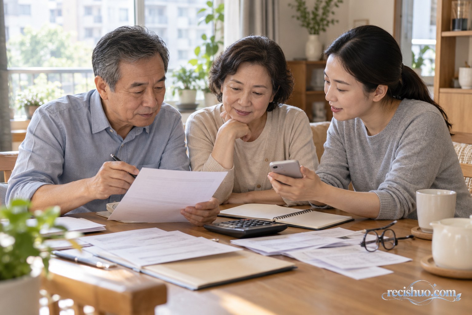 中老年夫妻与成年子女在家中共同核对养老收支安排