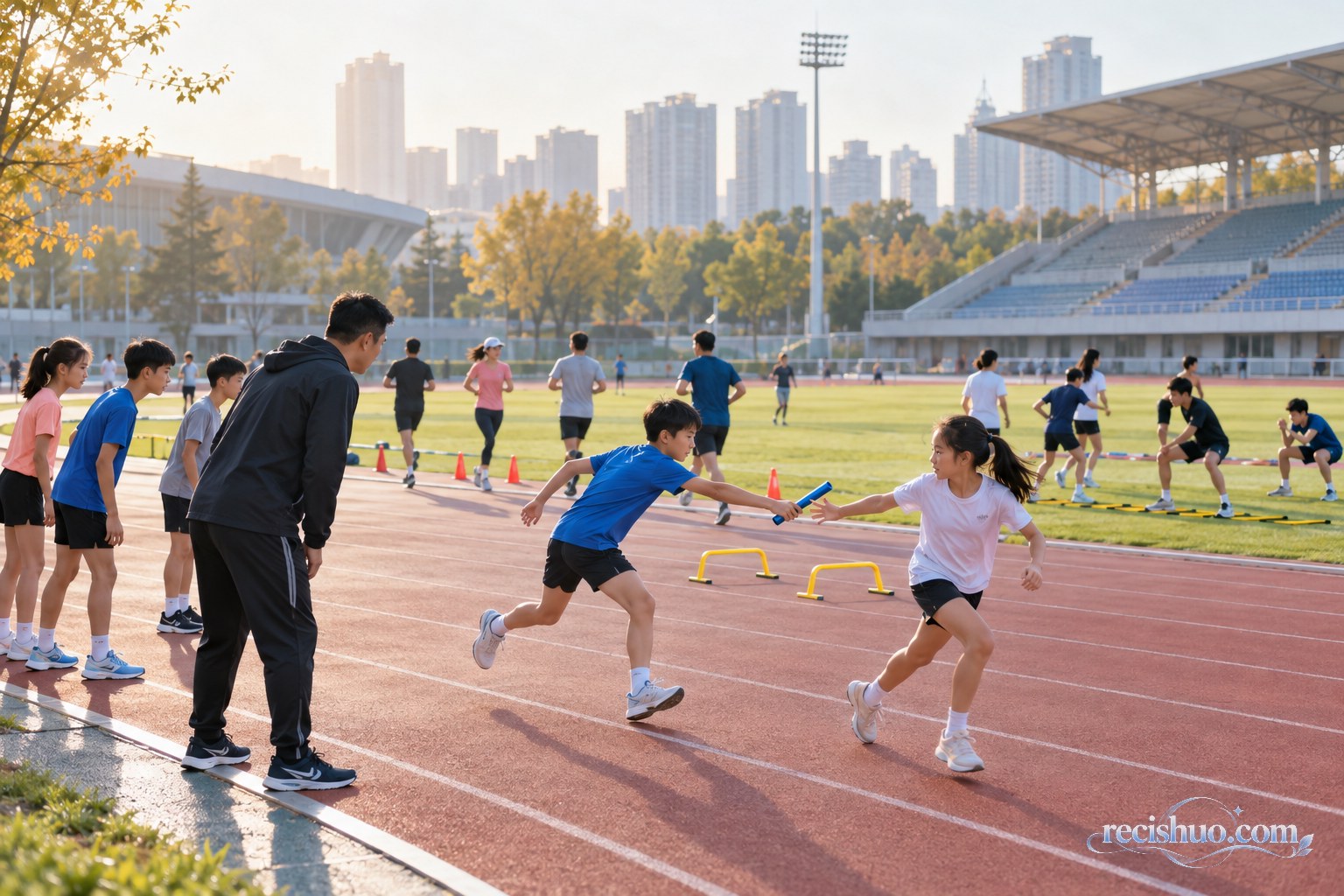 清晨城市体育场内青少年练习接力、市民在跑道锻炼的场景