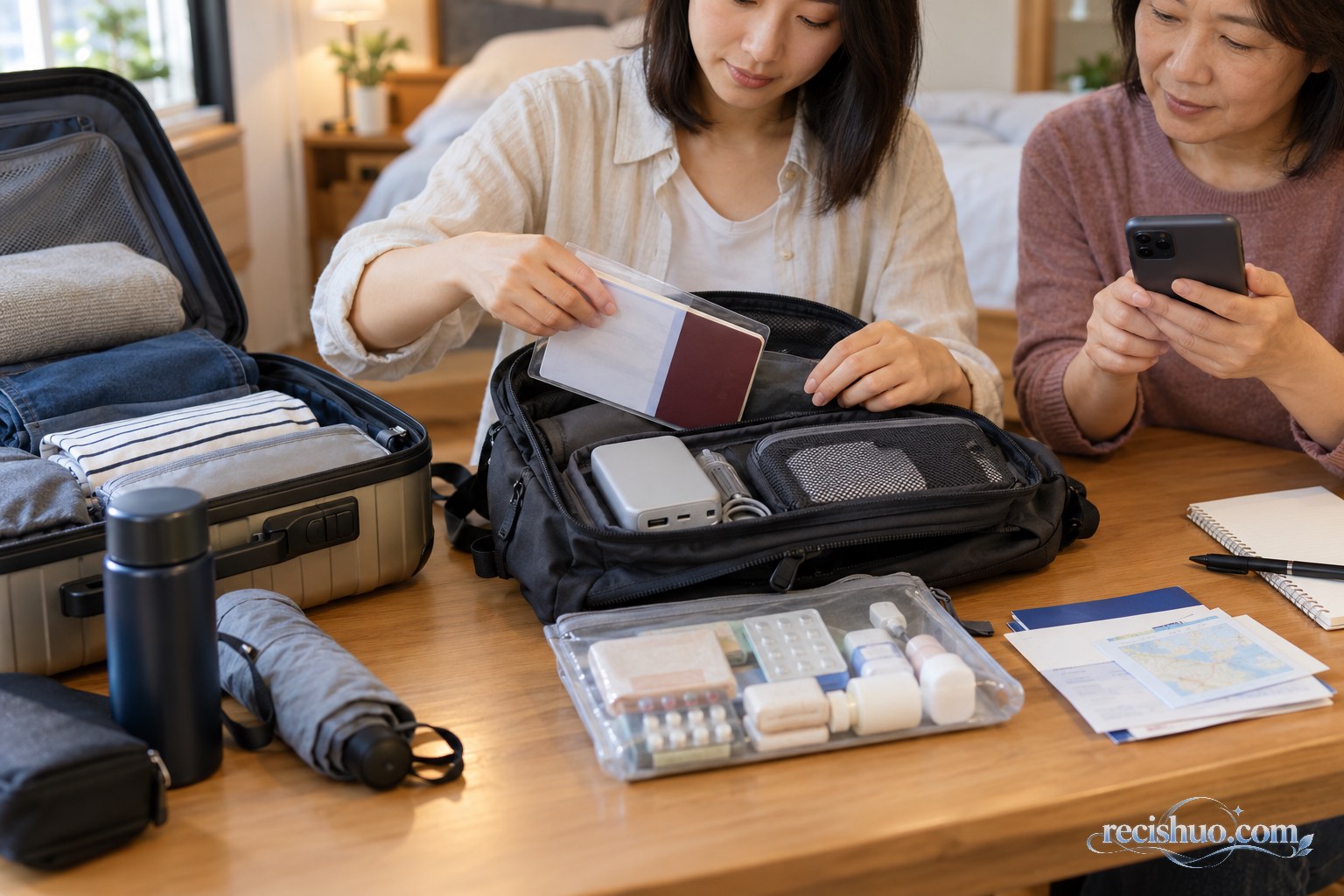 出境人员在家人陪同下整理护照资料、充电设备和随身应急物品