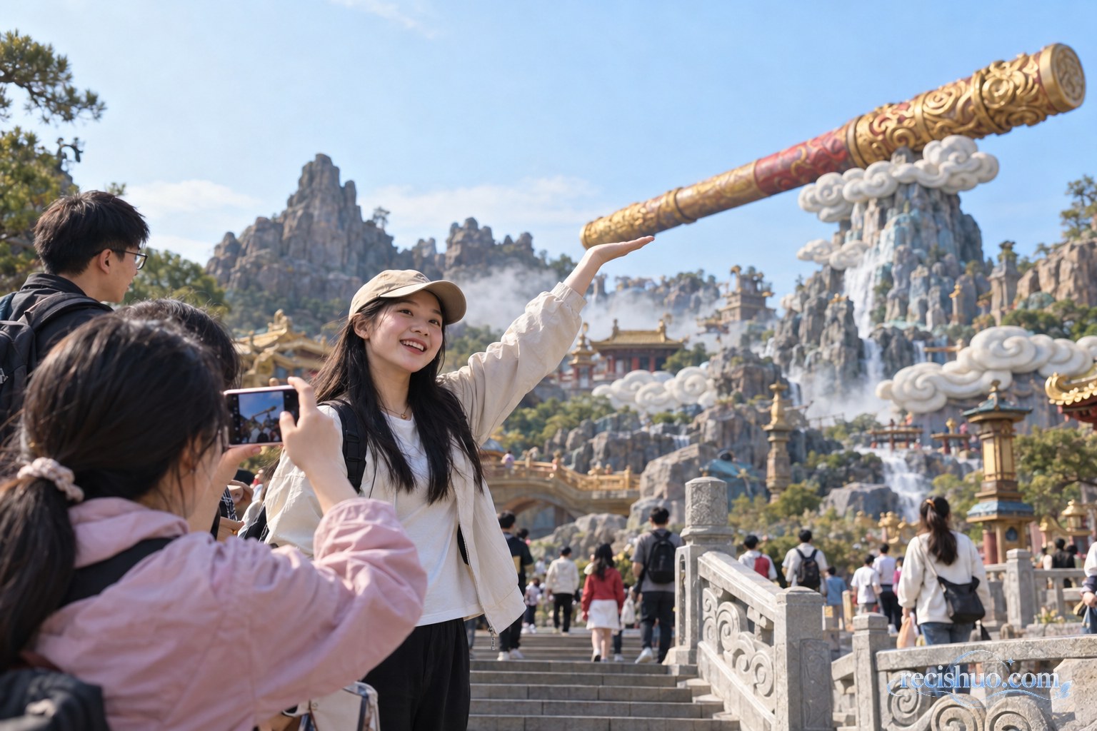 游客在神话主题公园借位拍摄托举金箍棒景观的趣味照片
