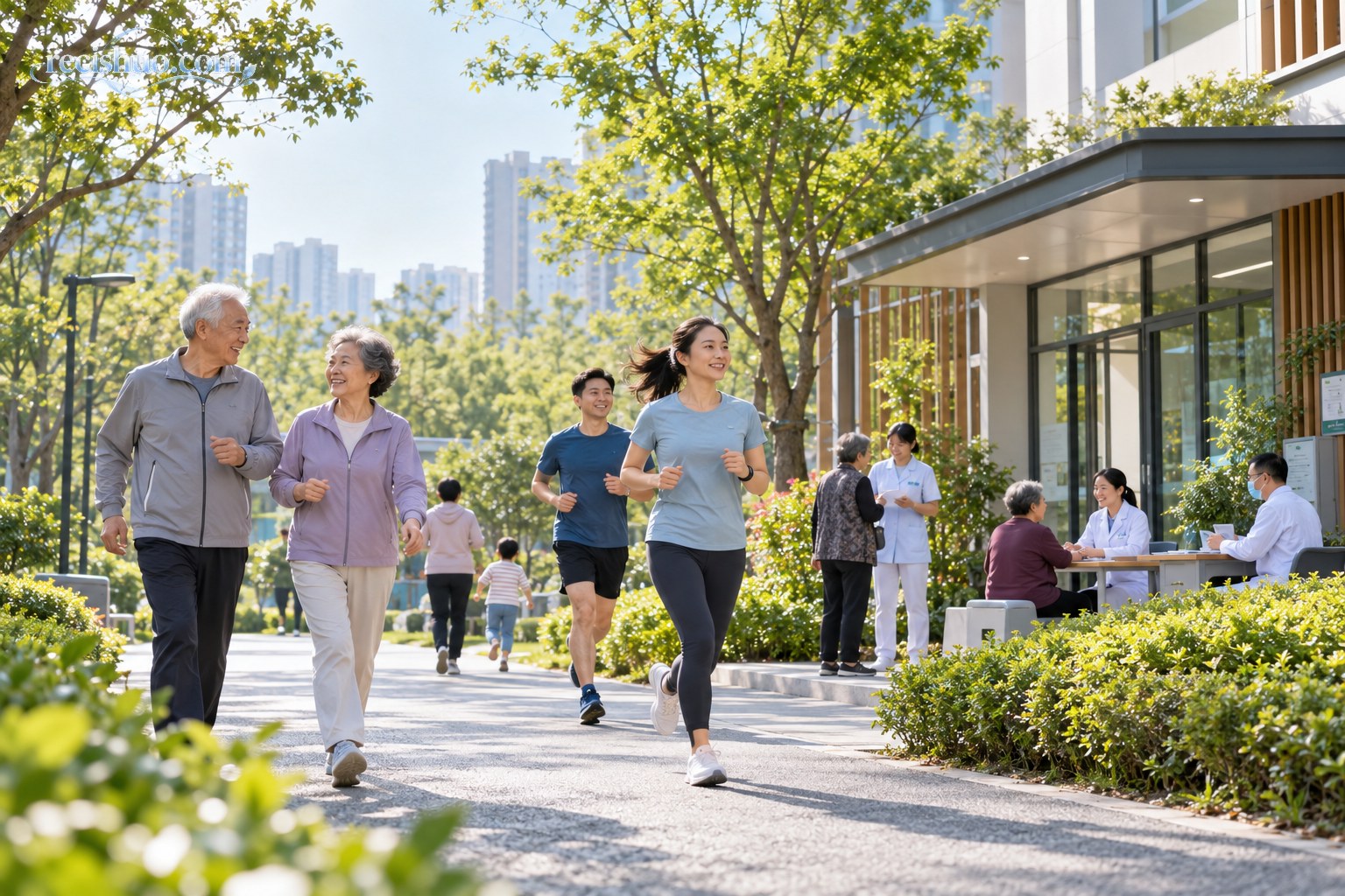城市社区健康服务中心外,不同年龄居民在绿荫步道散步和跑步