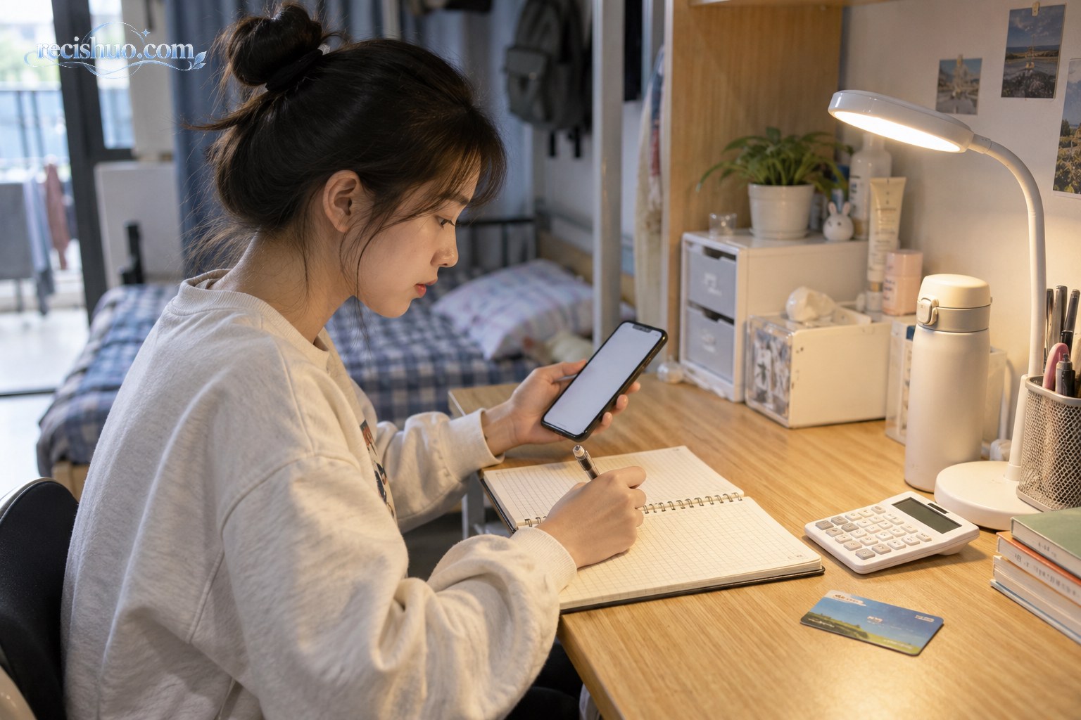 大学生在宿舍书桌前用手机和笔记本整理每月预算
