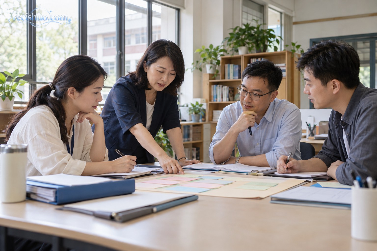 傍晚的中学办公室里，一位班主任独自整理作业与班级资料