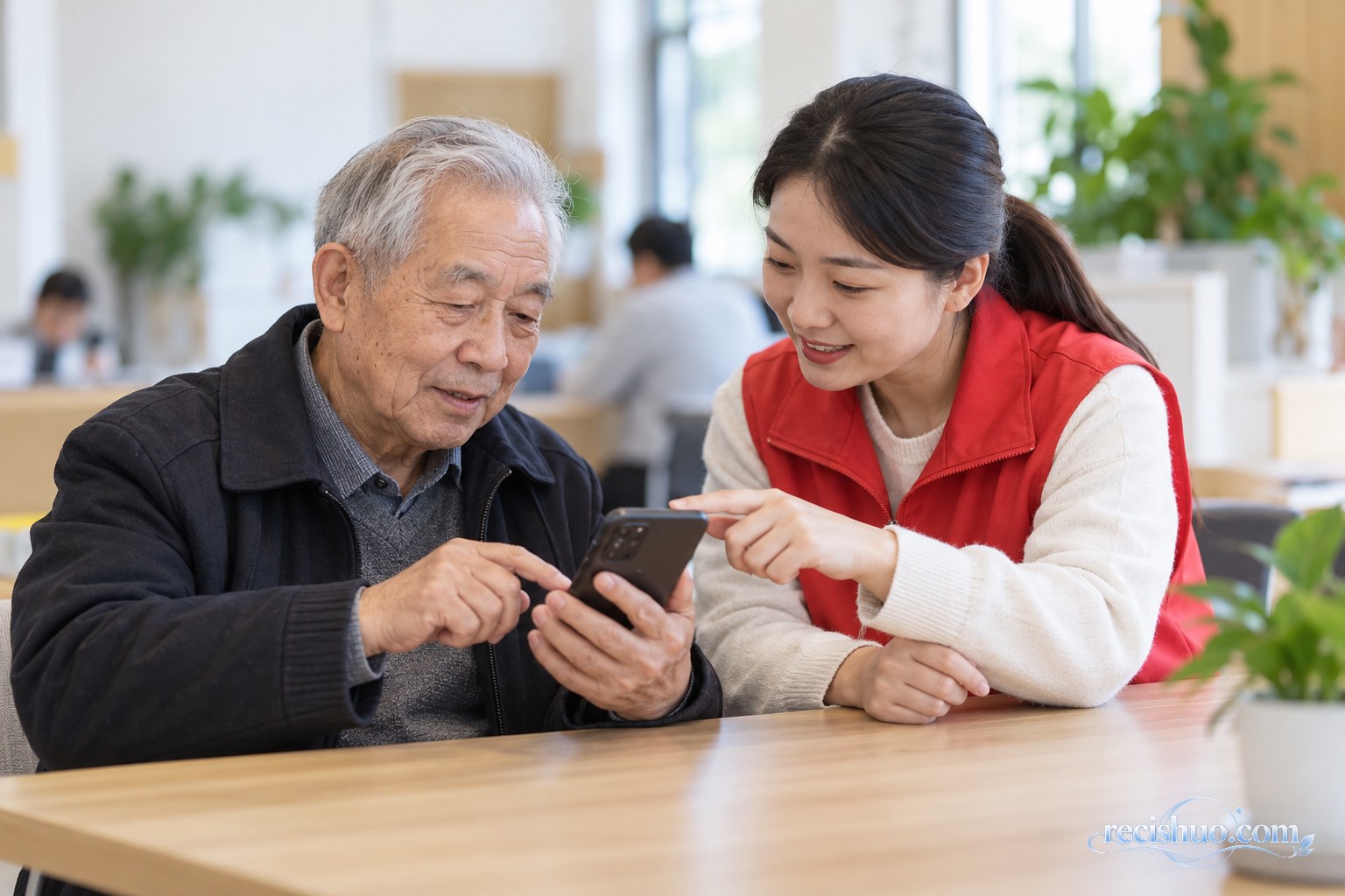 社区工作人员指导老年居民使用手机办理便民服务