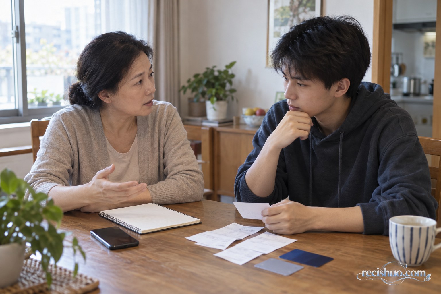 母亲与大学生儿子在家中餐桌旁平静讨论生活开支