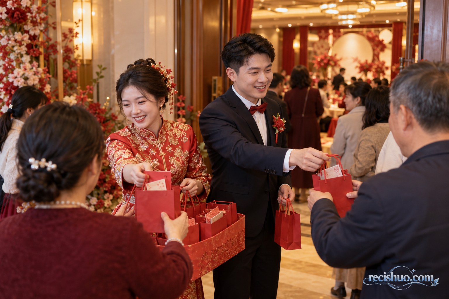 新人在温馨的中式婚宴现场向宾客递送红色伴手礼袋