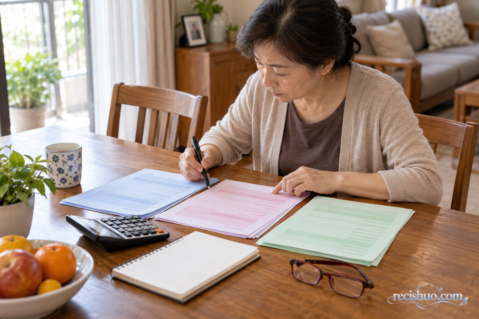家属在家中分类核对养老机构费用资料