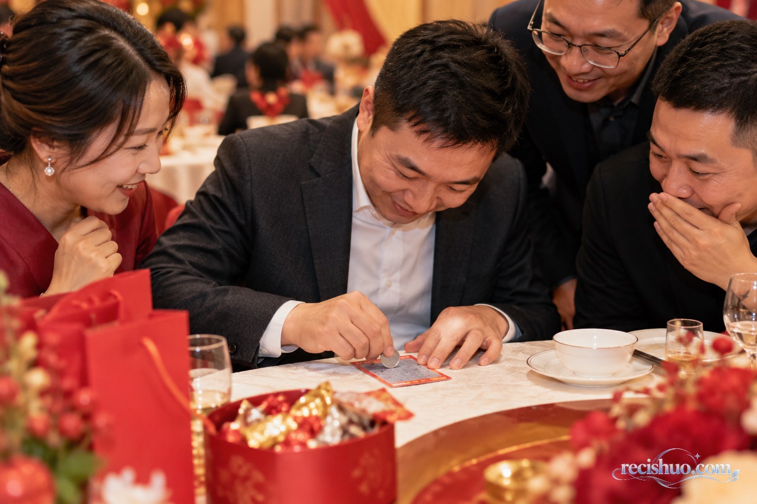 婚宴宾客在圆桌旁刮开伴手礼中的彩票,亲友在一旁关注