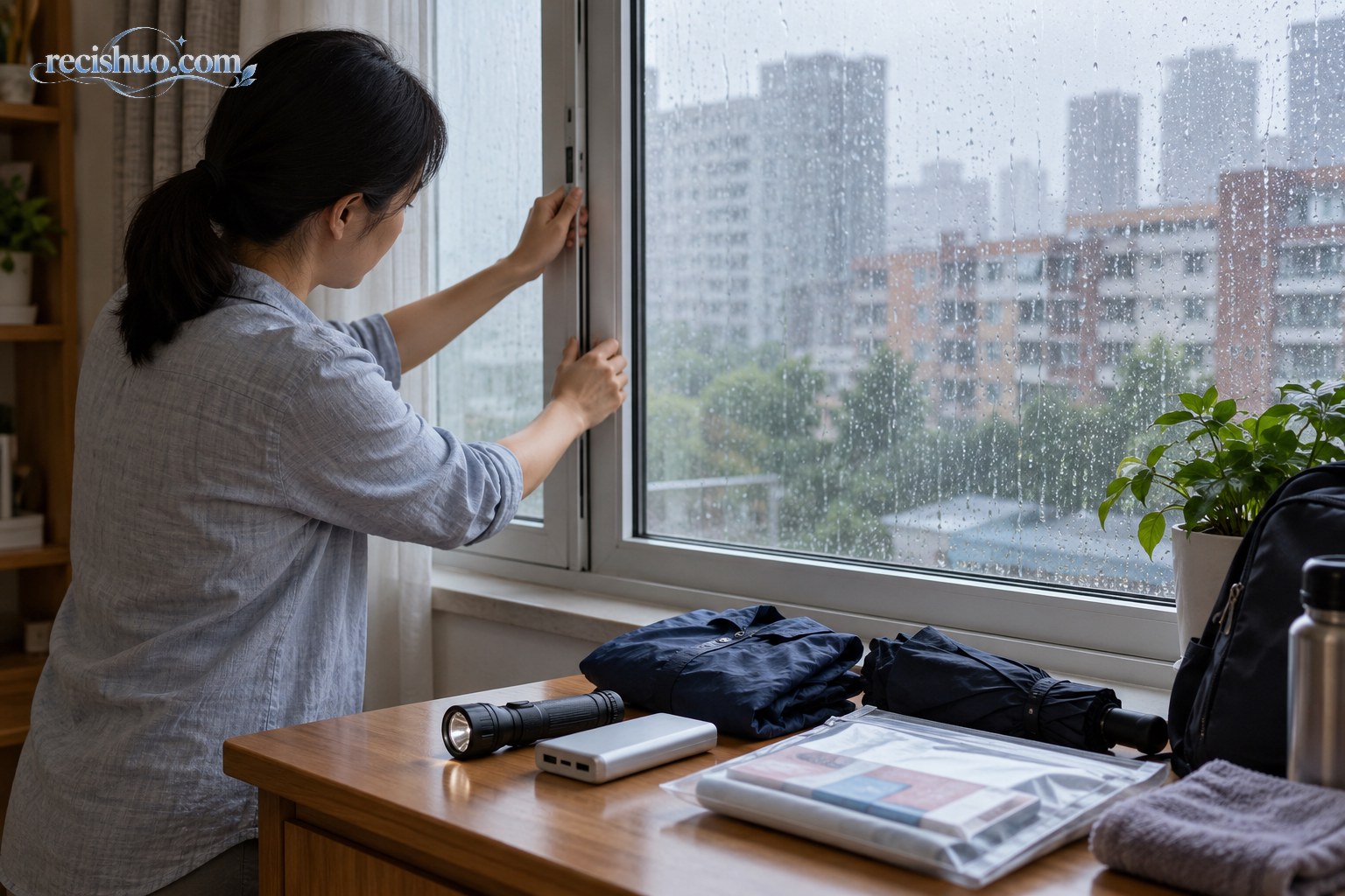 居民在窗边检查门窗并准备手电筒和充电宝等防雨物品