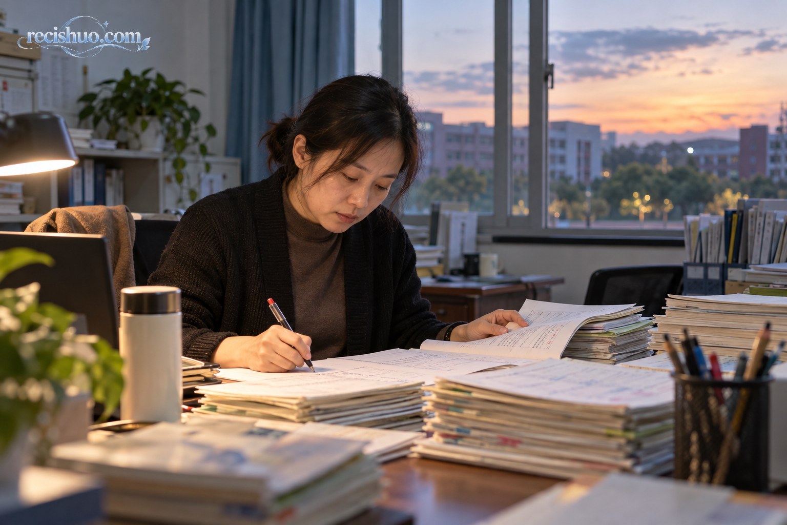 班主任在批改作业的同时与学生家长进行面对面沟通
