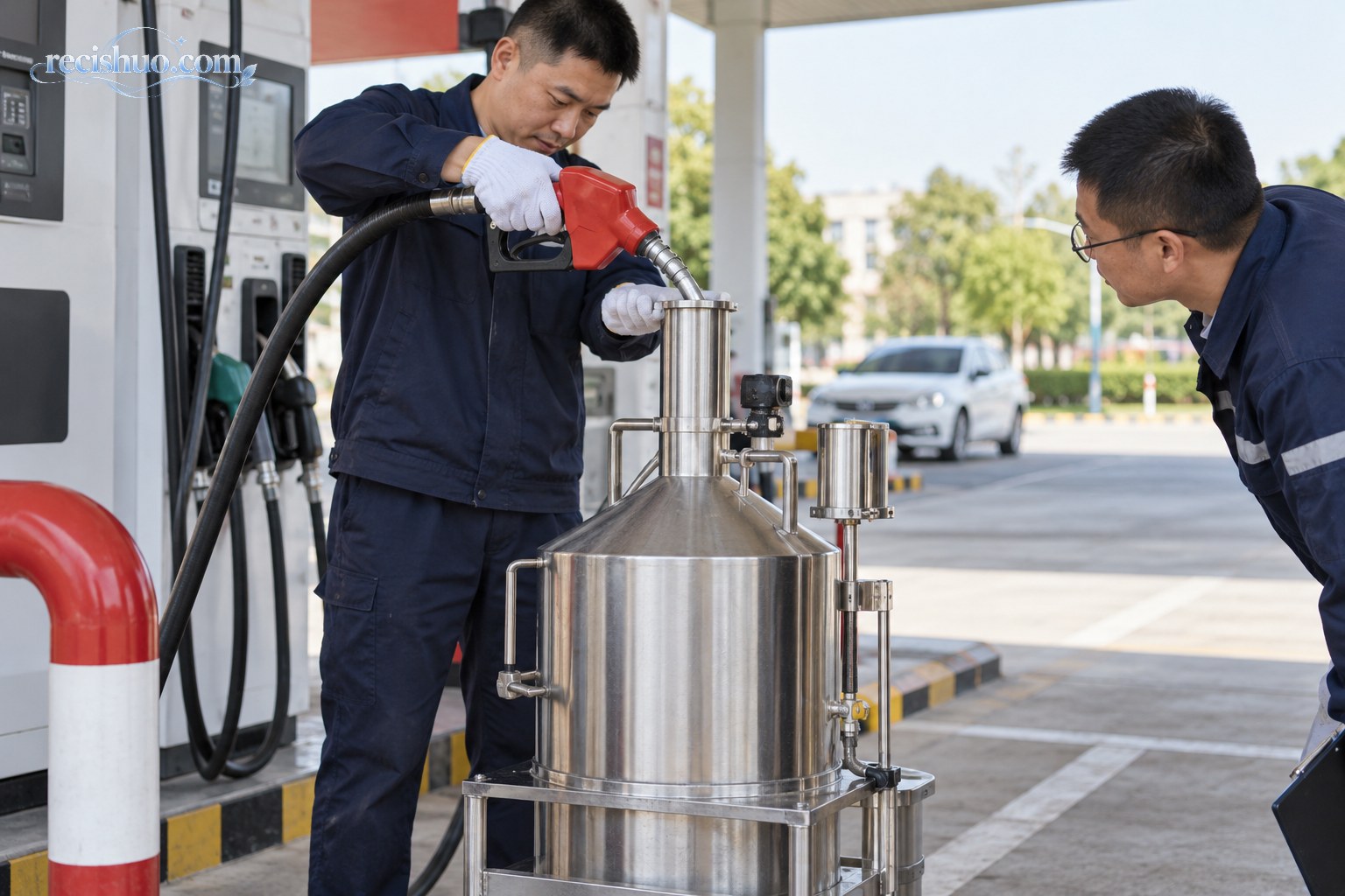 检测人员使用不锈钢标准量器检定加油机计量情况