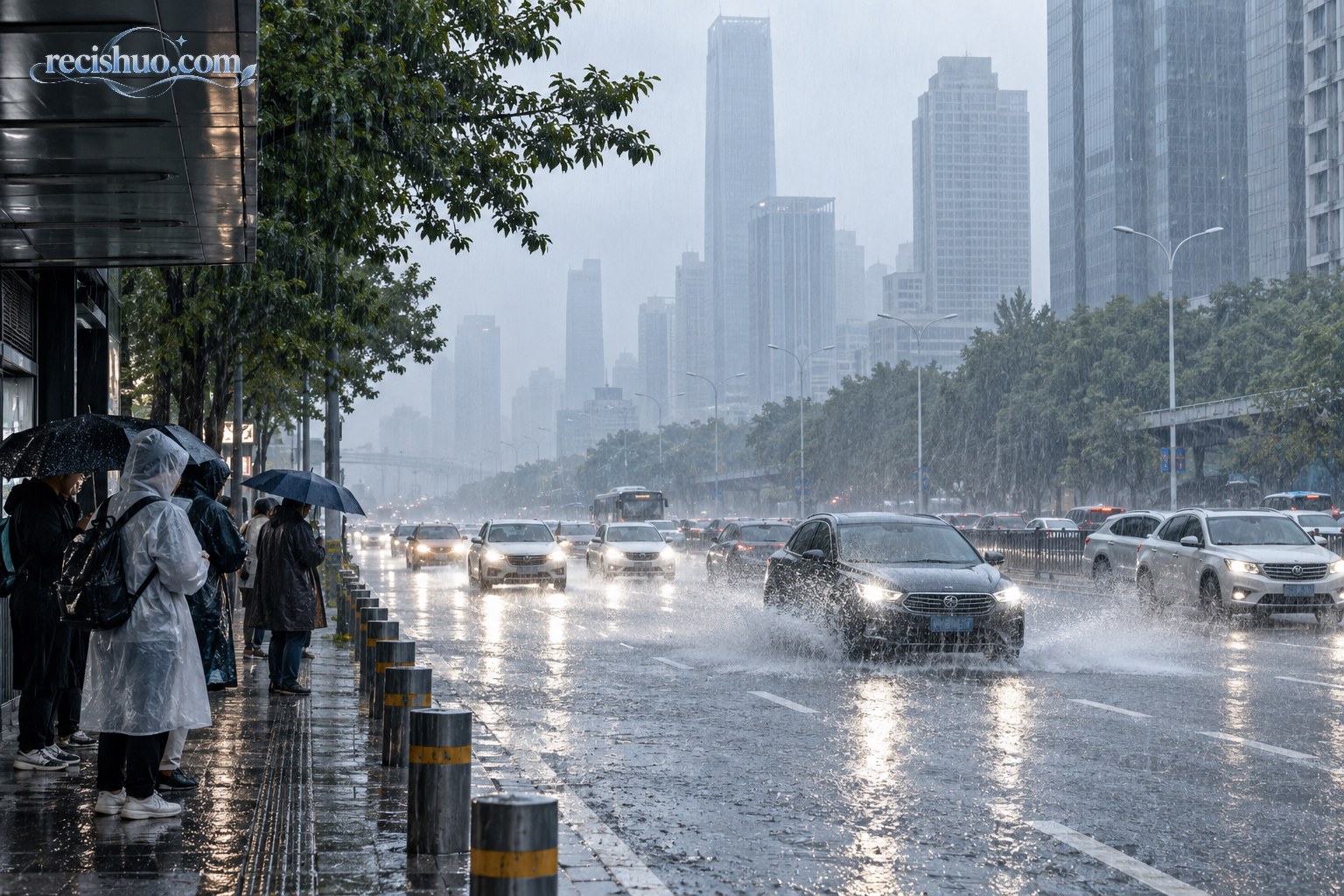 暴雨中的城市道路车辆缓慢通行，行人在有遮蔽的人行道旁等候