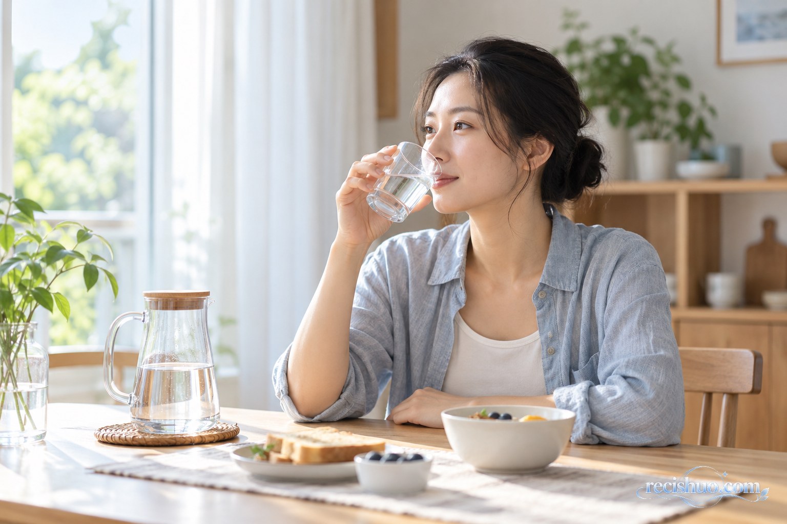一名女子在明亮的居家餐桌旁用小玻璃杯缓慢饮水