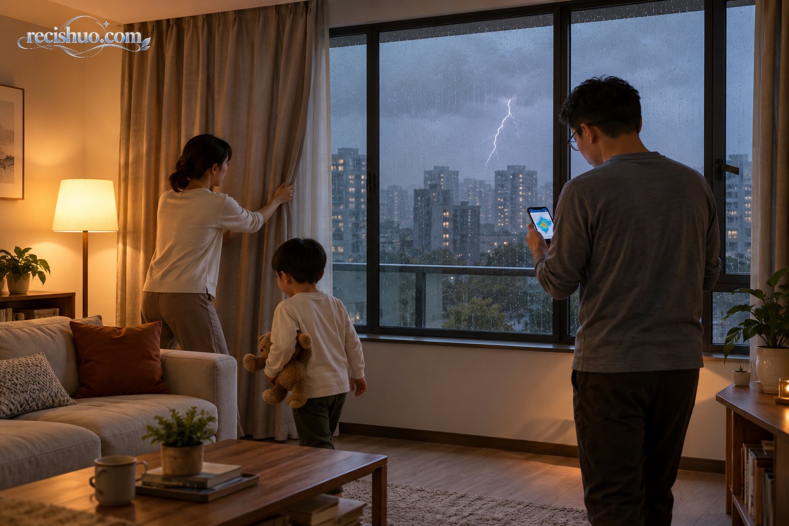 雷雨天气里一家人在室内远离窗户并查看天气预警