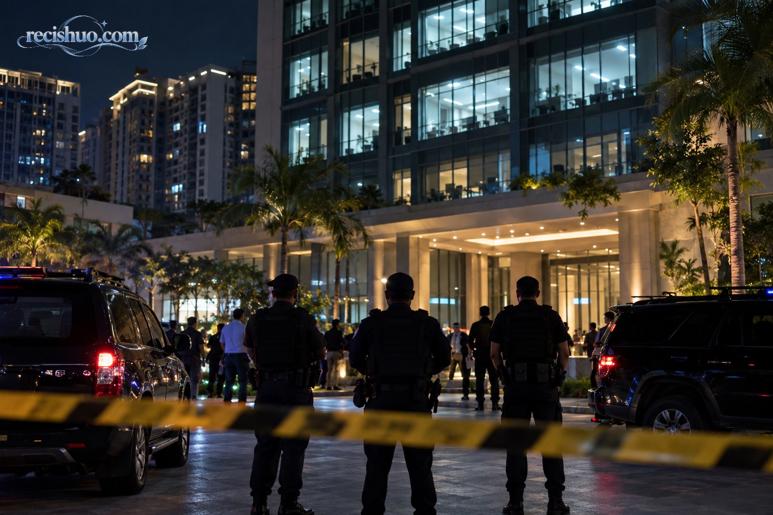 夜间现代办公楼外停有执法车辆,多名执法人员背对镜头站在警戒线后