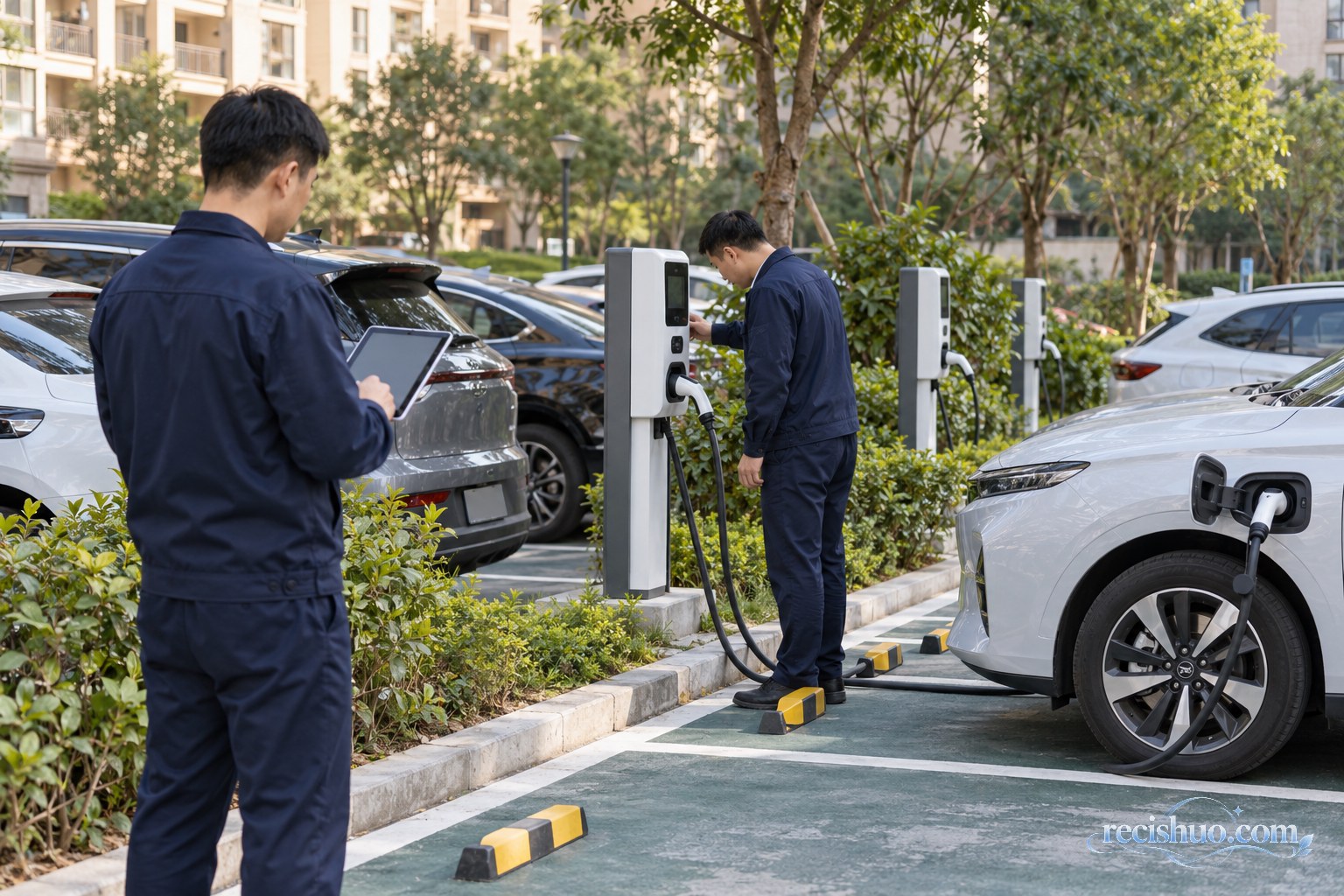 物业工作人员在小区停车区巡查充电设施并记录车位使用情况