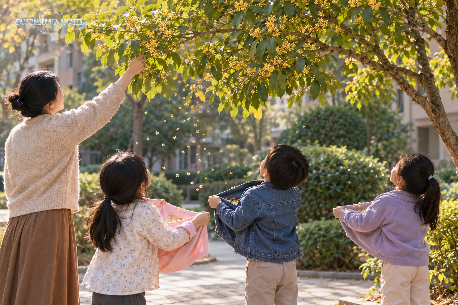 秋日社区桂花树下,家长轻触枝条,孩子们展开衣襟接住飘落的桂花