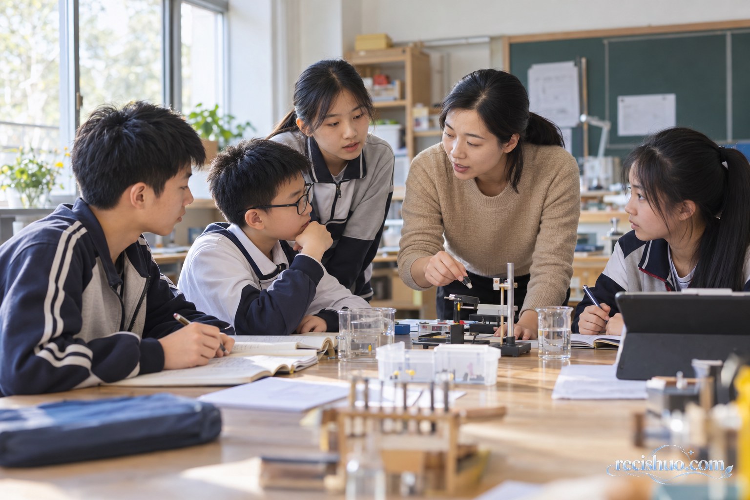 教师带领不同年龄段的中学生在综合实践教室开展小组学习