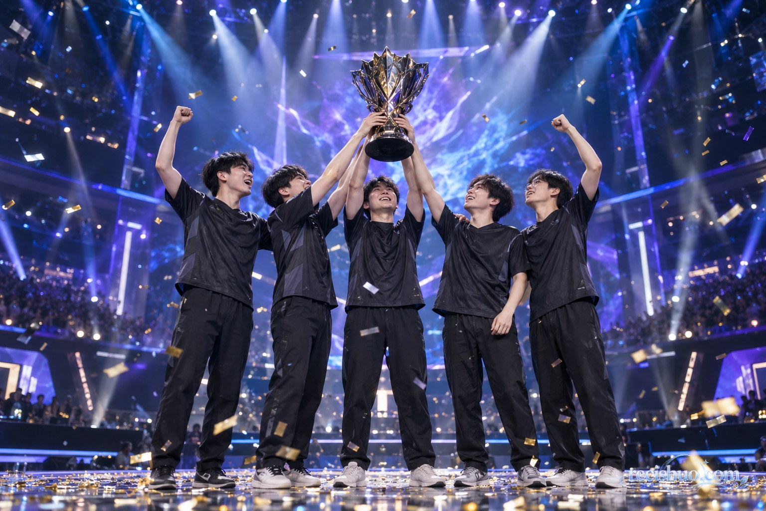 五名电竞选手在蓝紫色舞台灯光下共同举起冠军奖杯