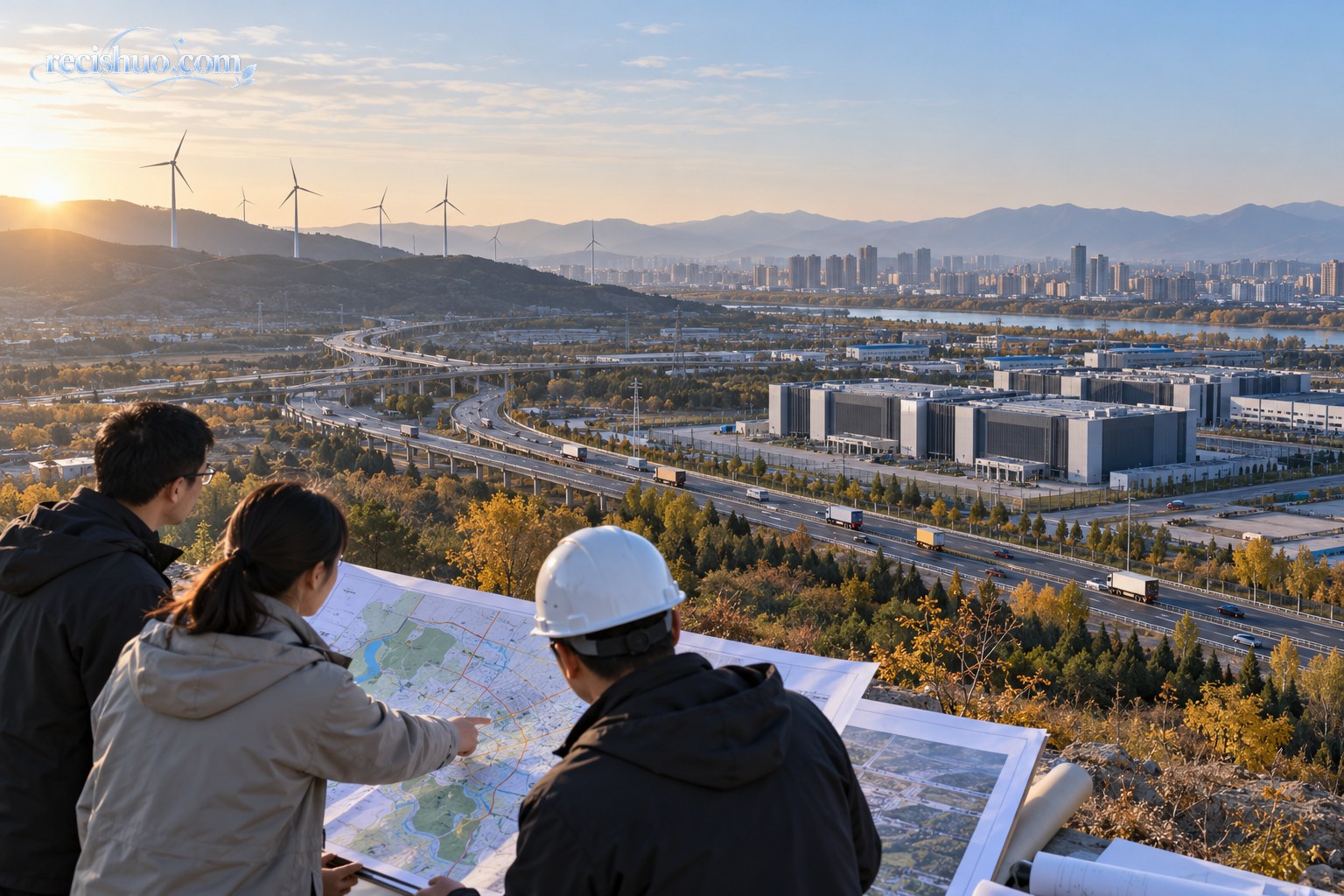 规划人员俯瞰由风电、数据中心、交通网络和城区共同构成的北方城市发展空间