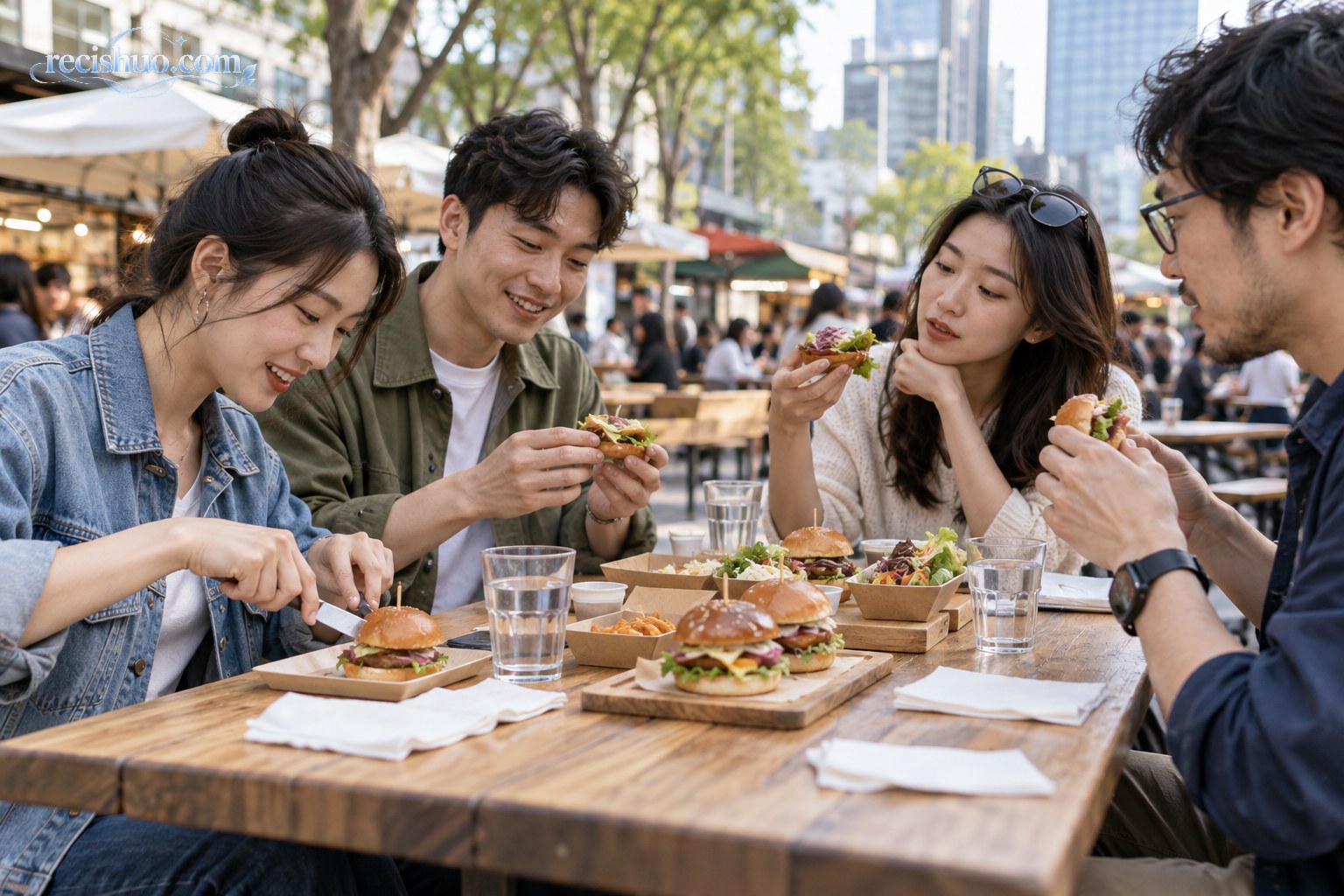 几位成年朋友在户外市集长桌旁分享不同口味的小份汉堡