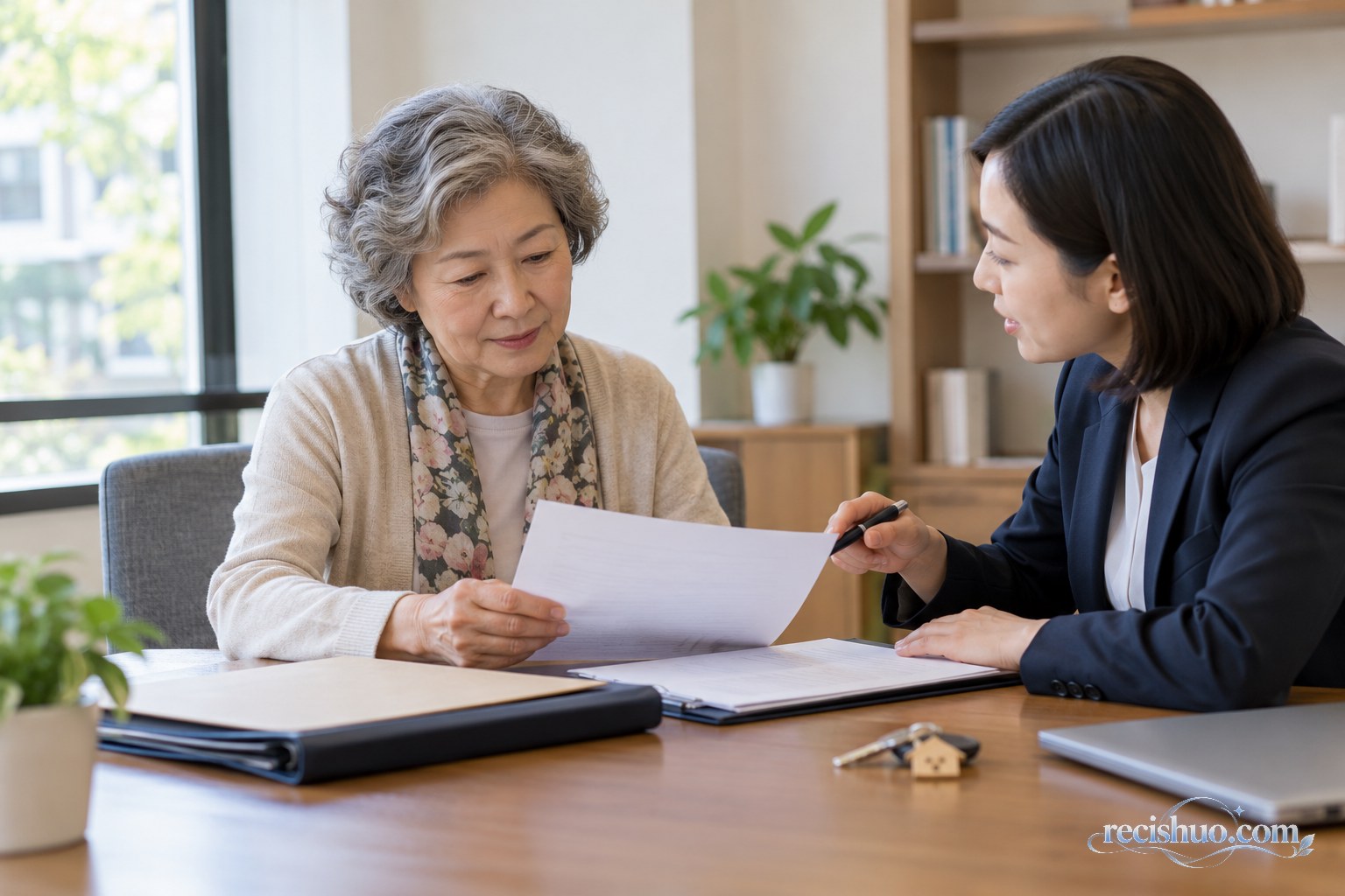 老年女性在专业人士陪同下审阅遗嘱相关文件