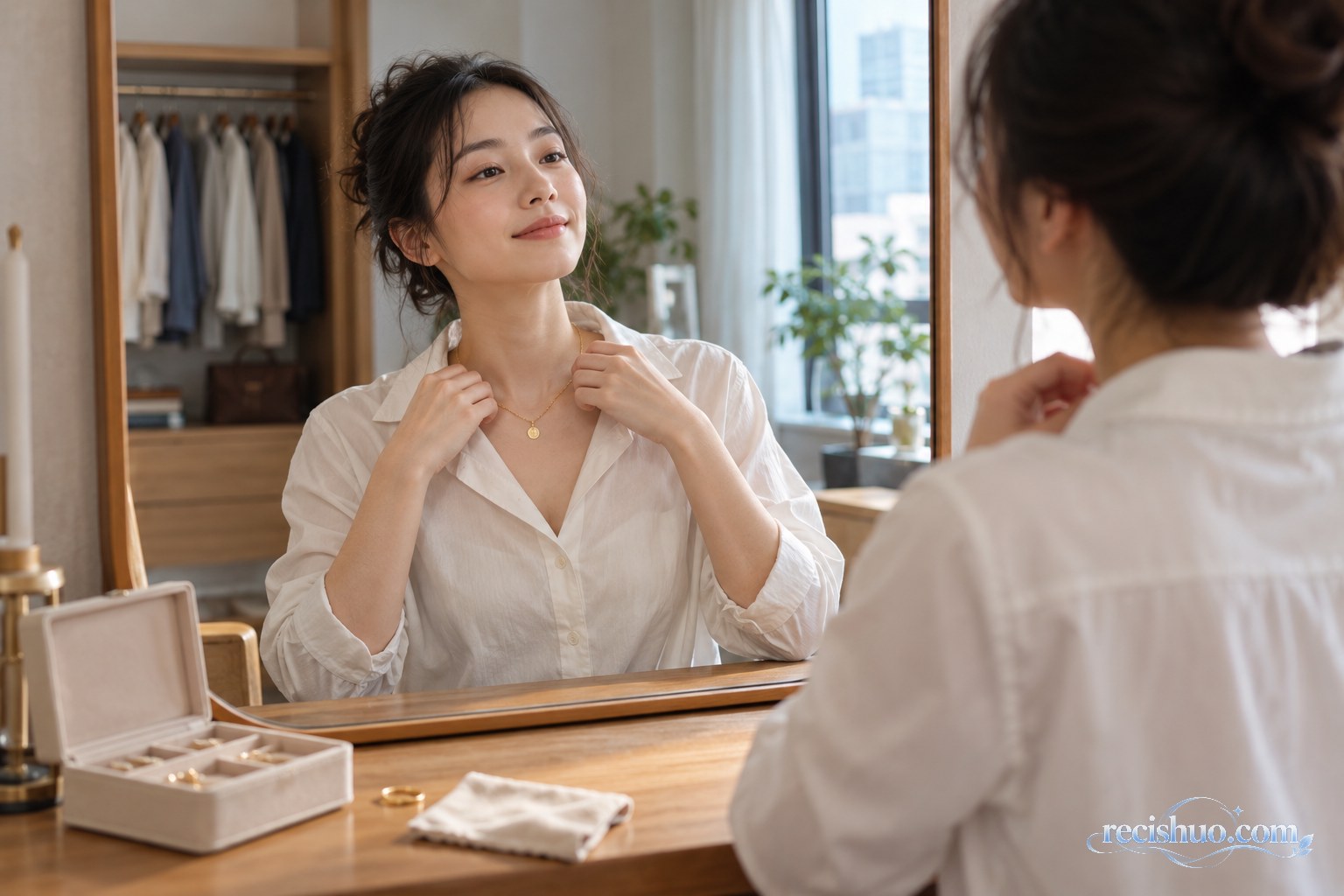 年轻人在家中对镜搭配适合日常佩戴的黄金项链